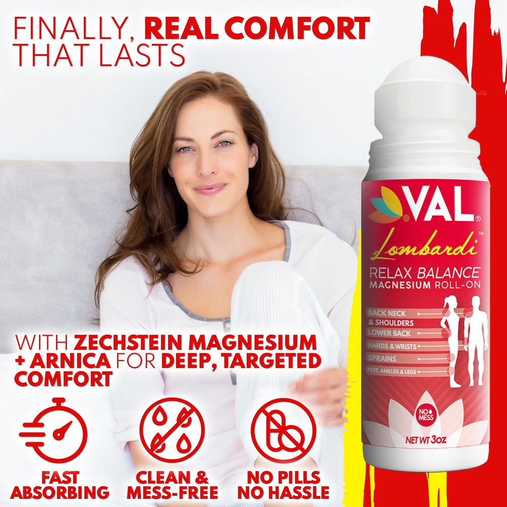 VAL Lombardi magnesium roll-on application on arm demonstrates targeted soothing mobility