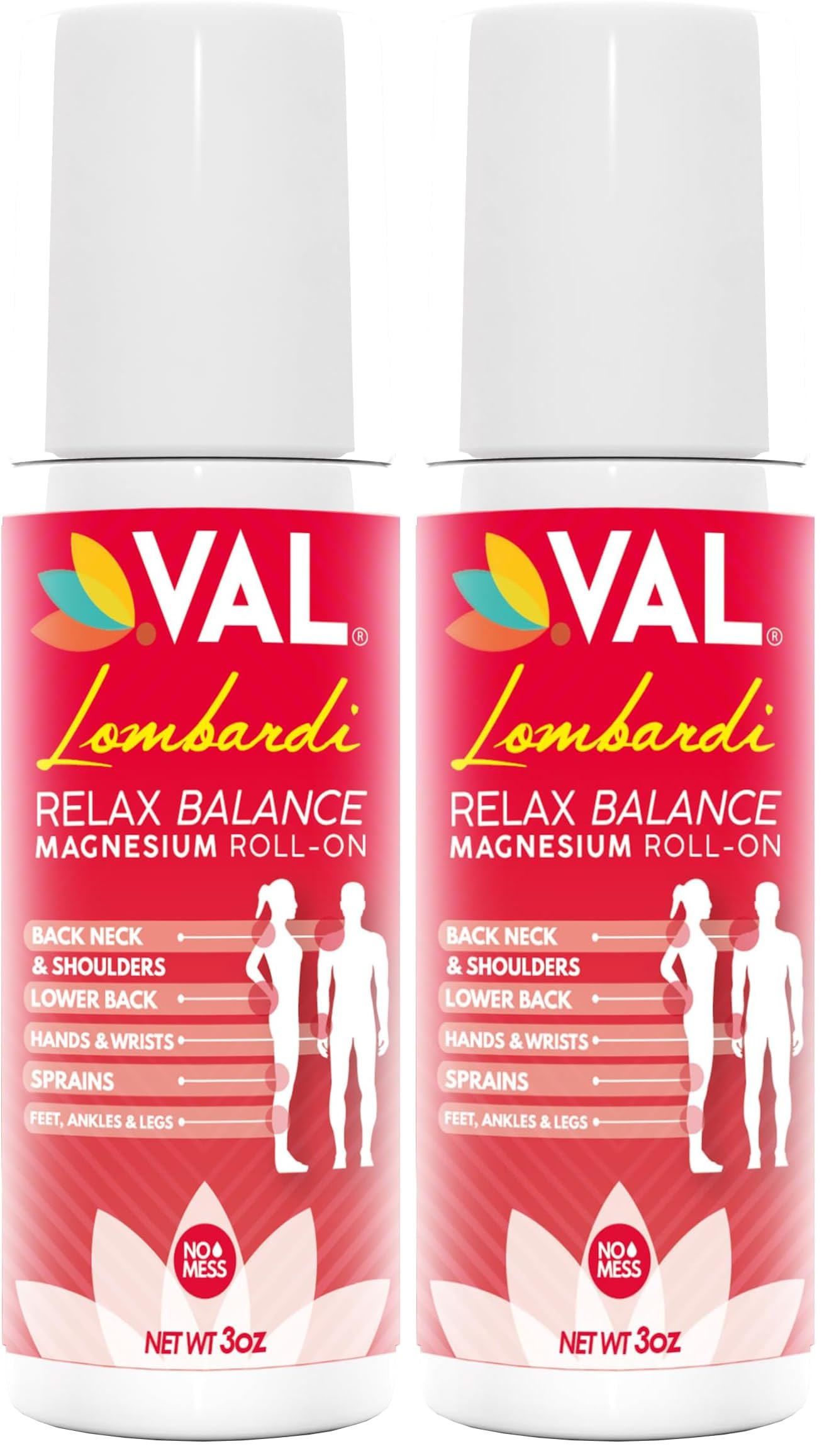 VAL Lombardi magnesium roll-on bottle closeup showing a mess-free relief on-the-go