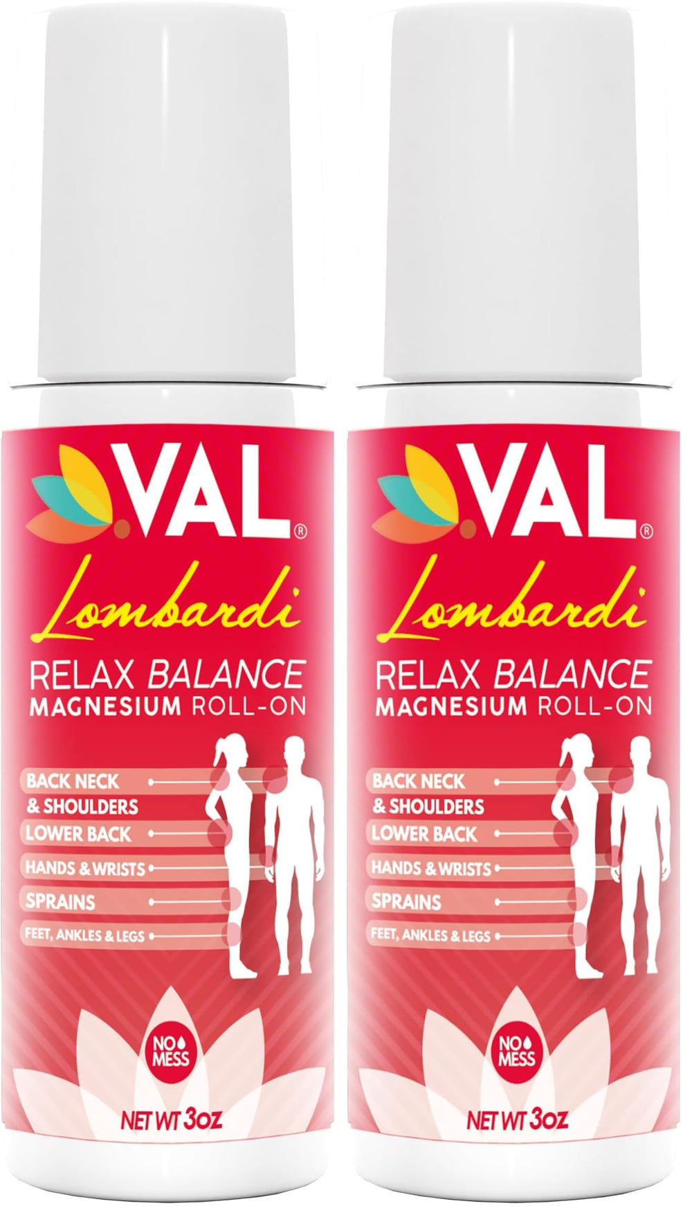 VAL Lombardi magnesium roll-on bottle closeup showing a mess-free relief on-the-go
