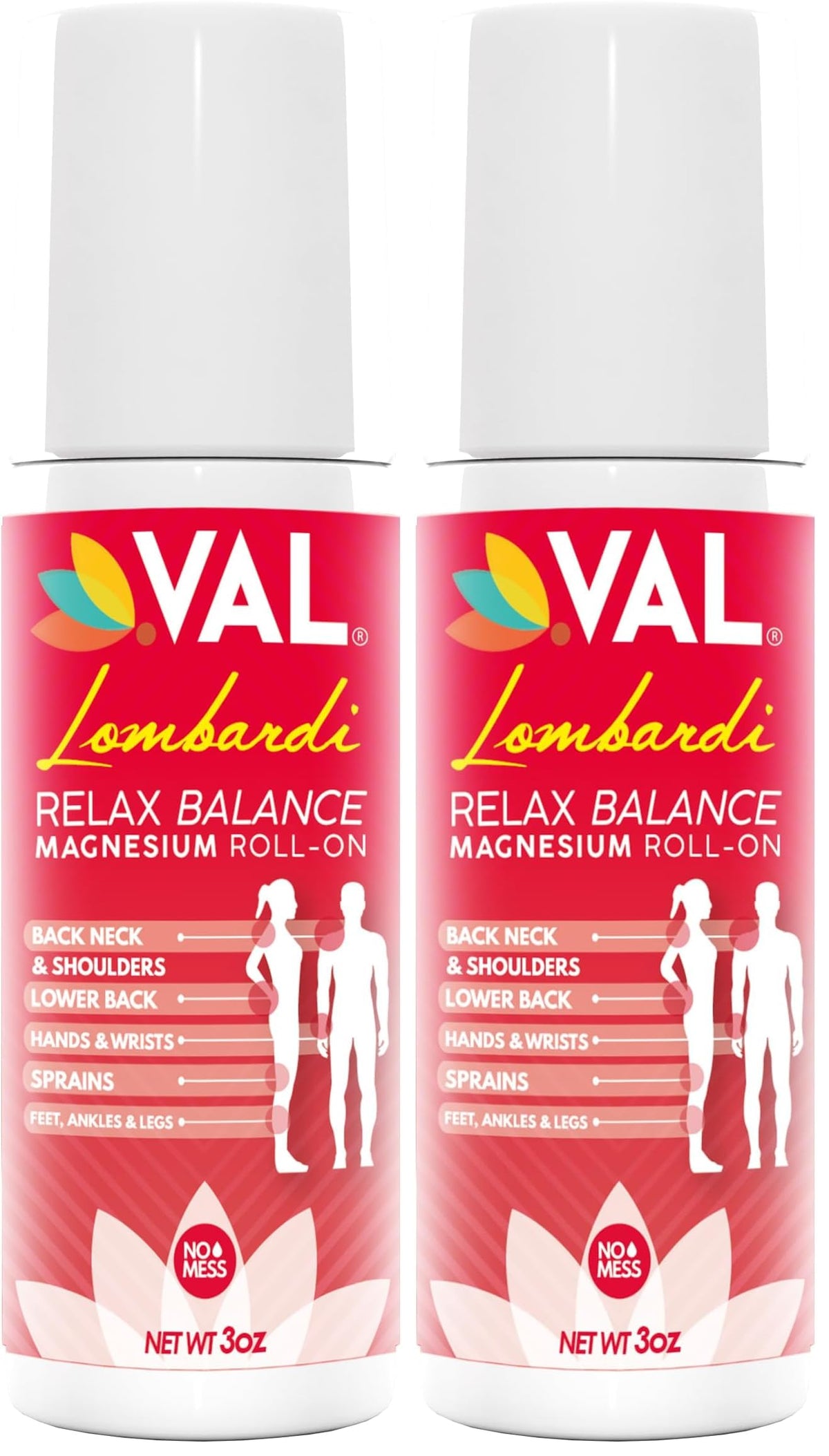 VAL Lombardi magnesium roll-on bottle closeup showing a mess-free relief on-the-go