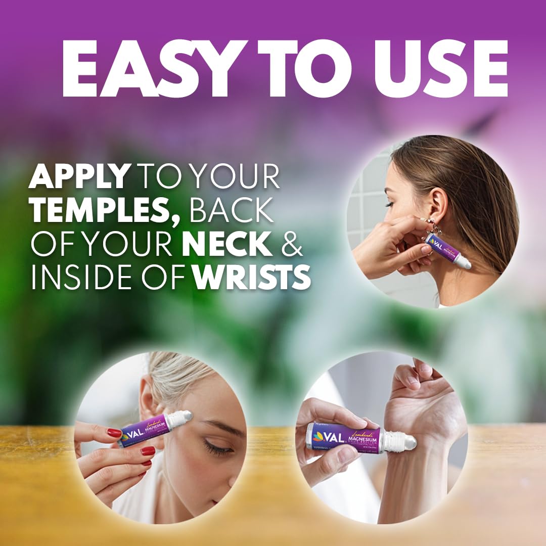 VAL Lombardi magnesium stick roll-on applied to temple for soothing momentary relief