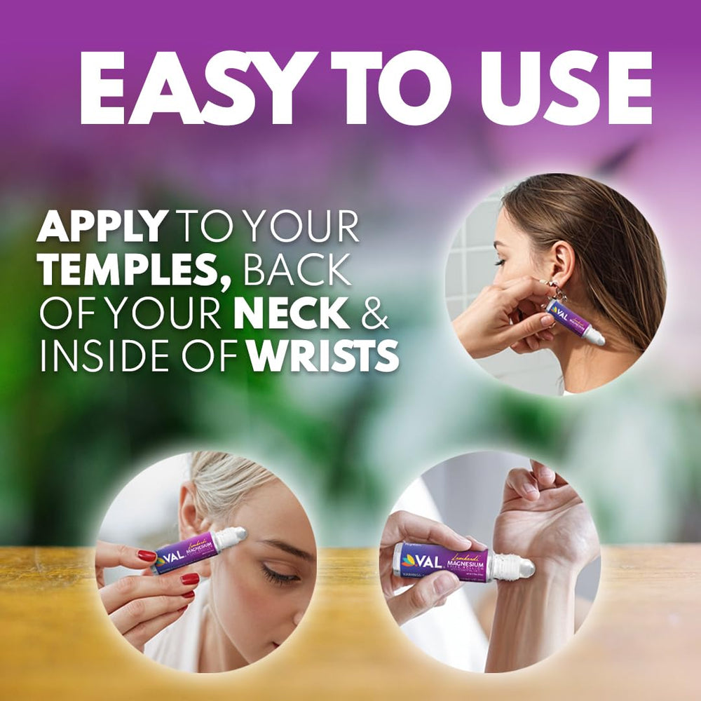 VAL Lombardi magnesium stick roll-on applied to temple for soothing momentary relief