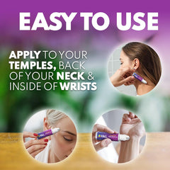 VAL Lombardi magnesium stick roll-on applied to temple for soothing momentary relief