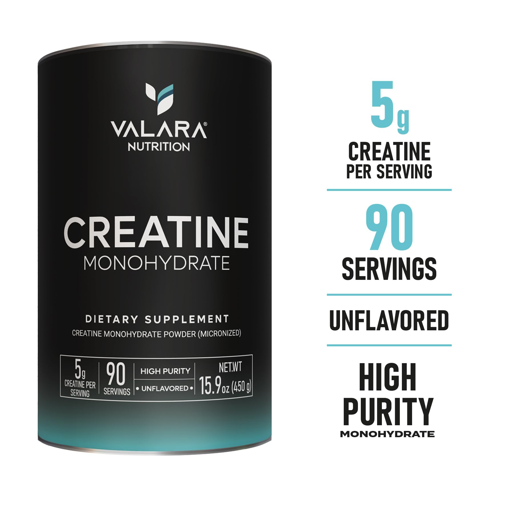 Valara creatine powder scoop included for precise 5 g servings.