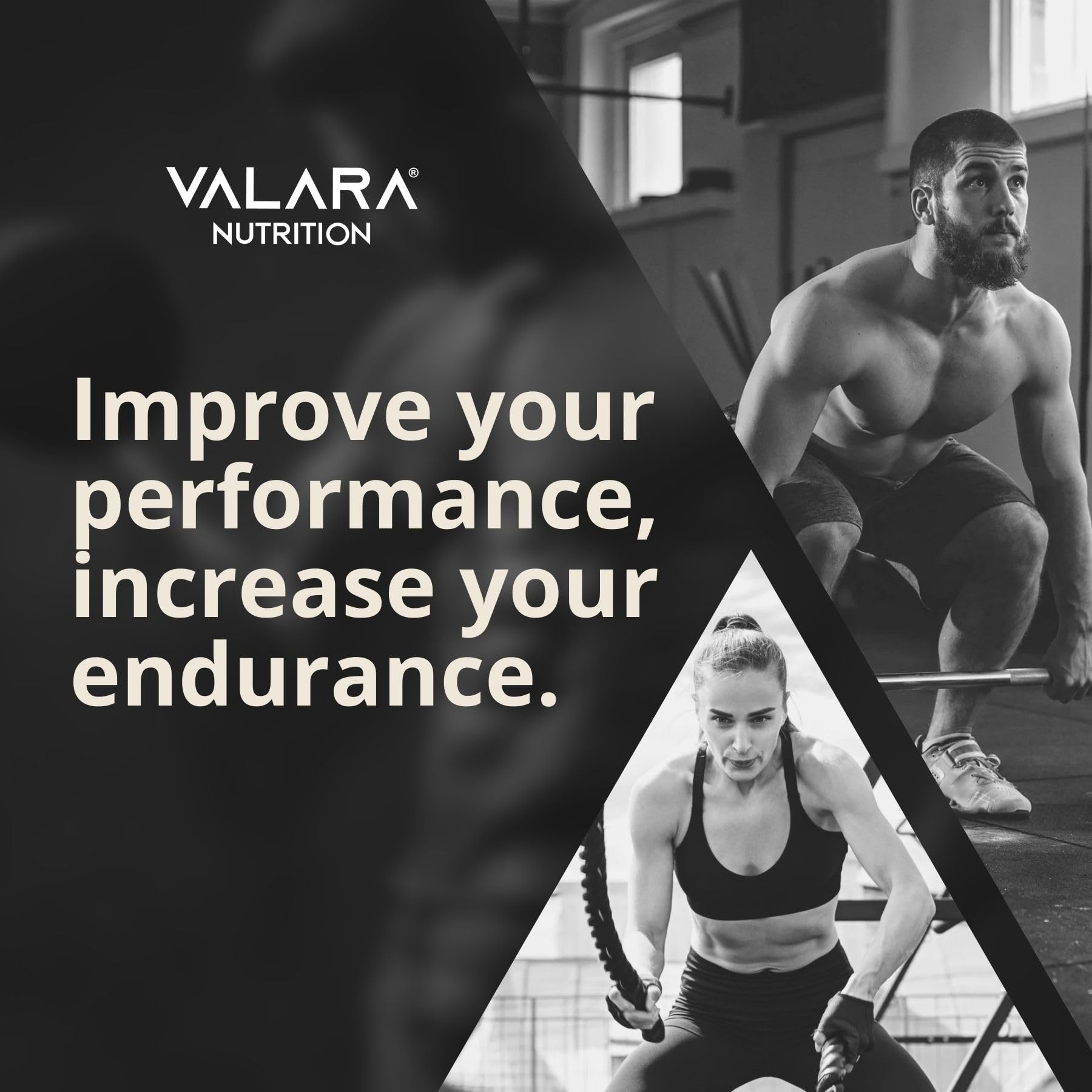 Valara creatine container with vegan and keto-friendly icons.