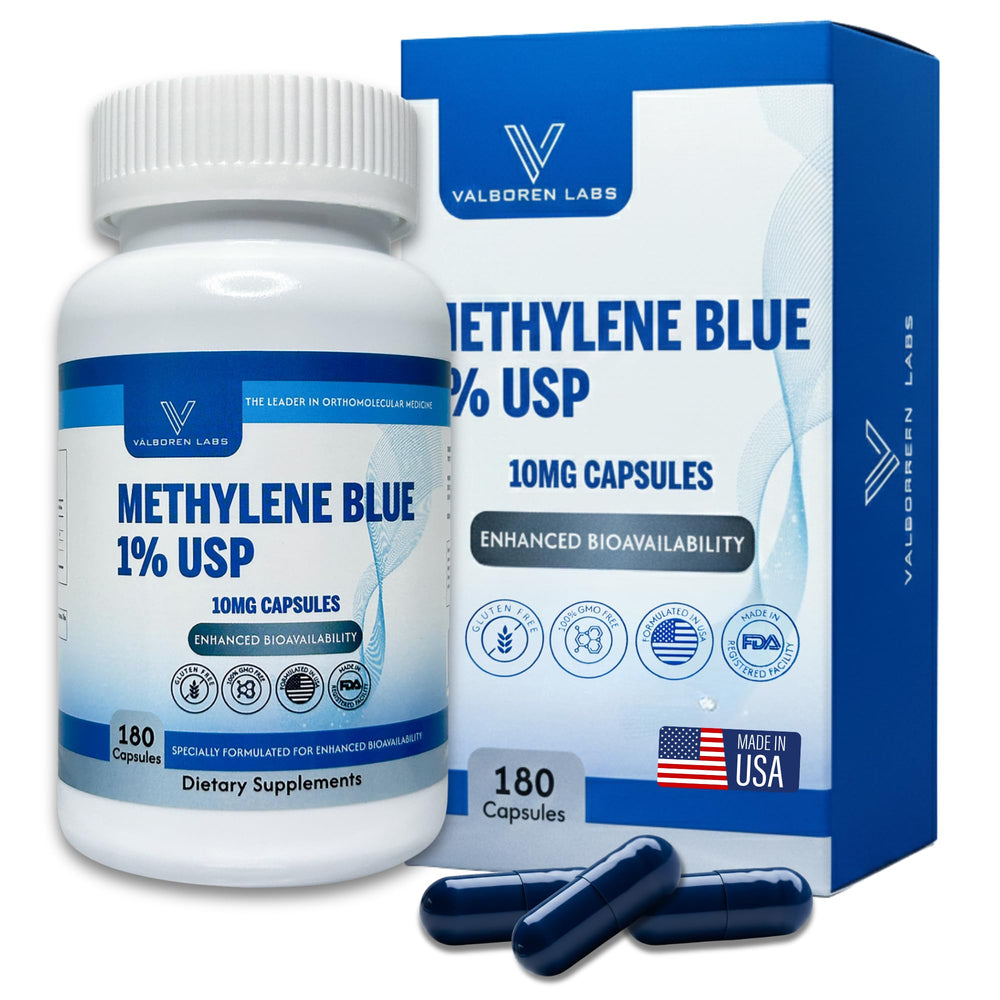 Valboren Labs Methylene Blue bottle front showing packaging for daily supplementation.