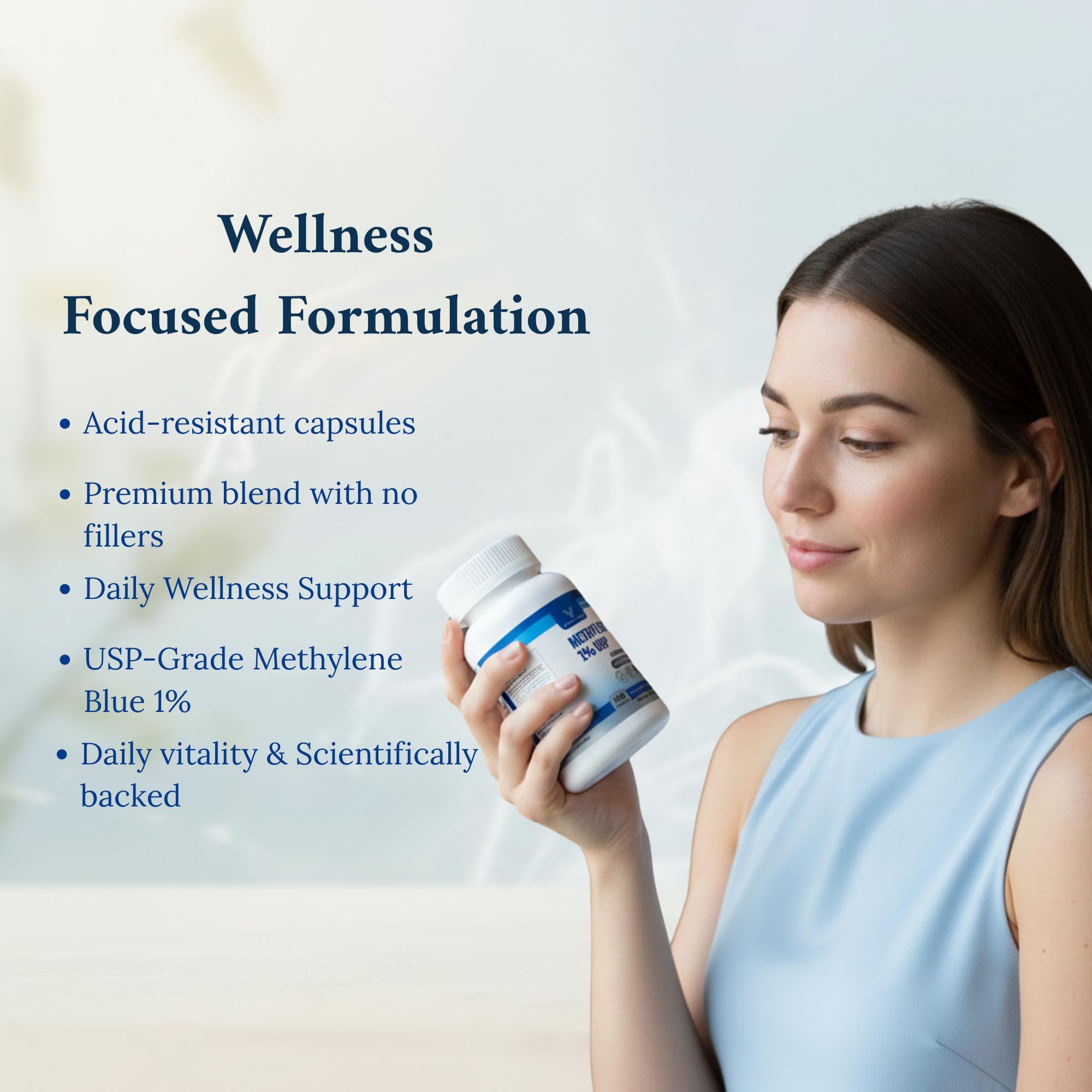 Valboren Labs Methylene Blue capsules on hand demonstrating portable brain support.