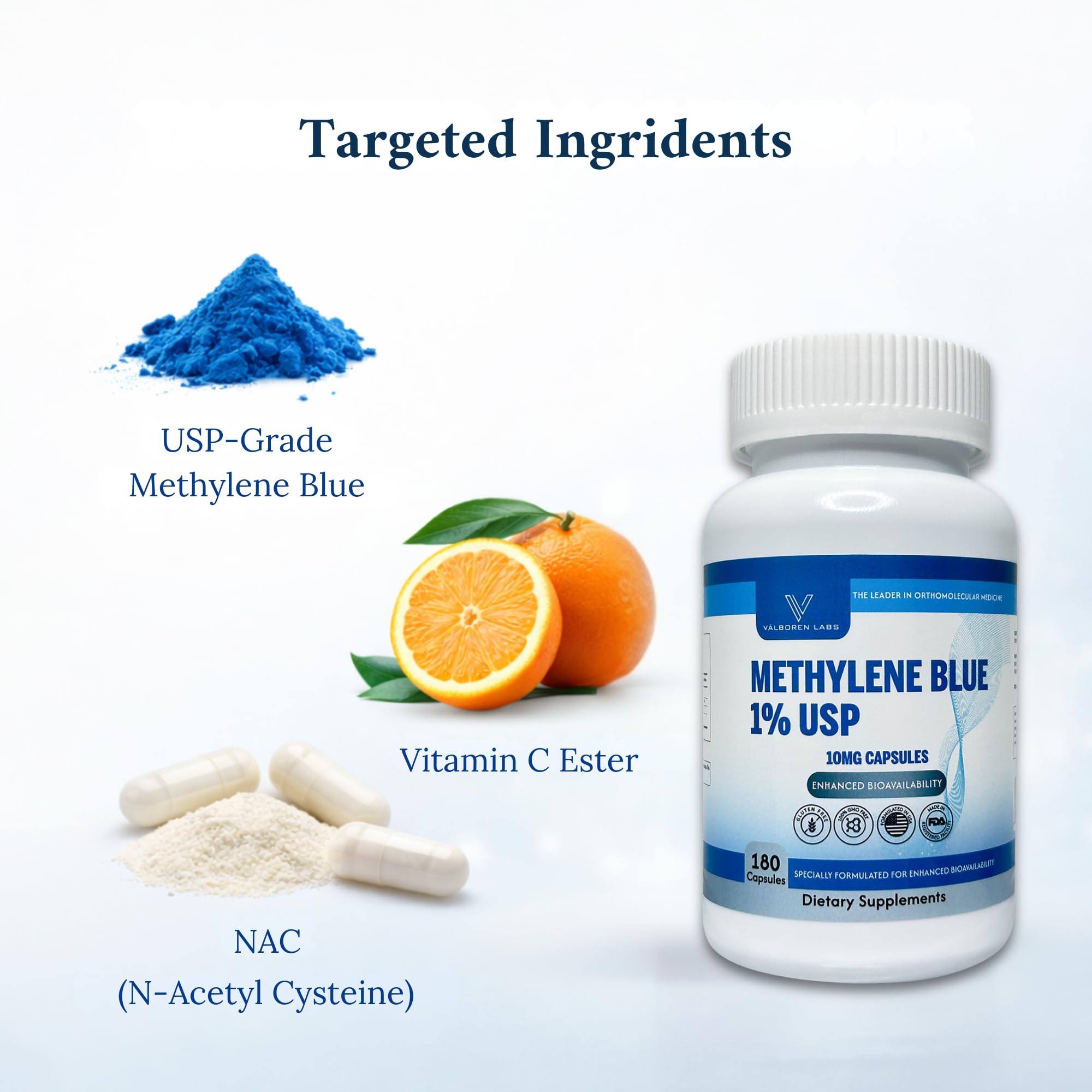 Valboren Labs Methylene Blue USA-made seal indicating quality control.