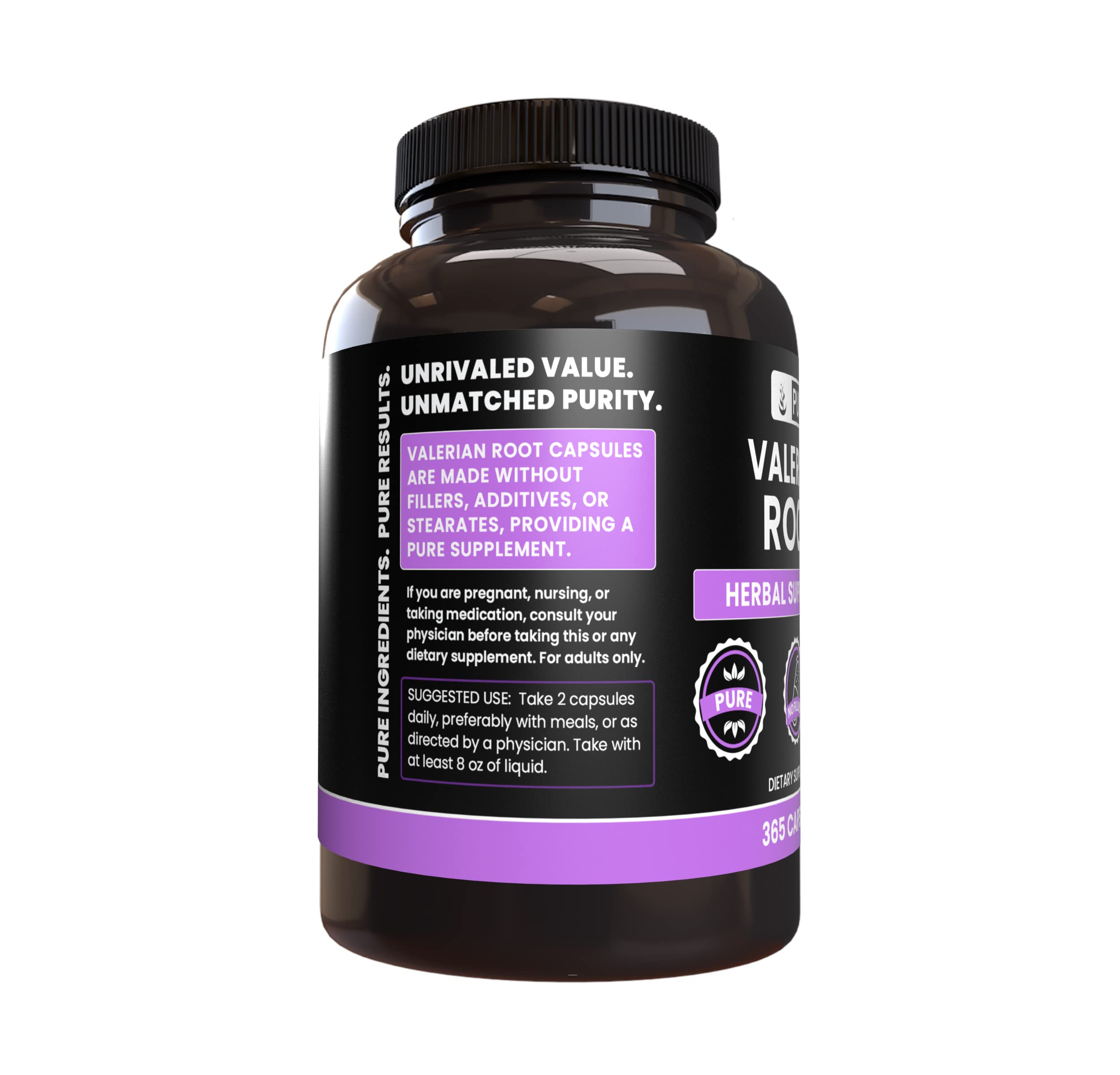 Valerian Root Capsules bottle front label highlights purity and Utah packaging
