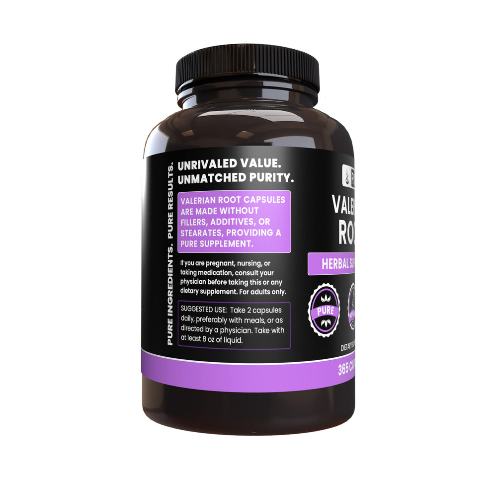 Valerian Root Capsules bottle front label highlights purity and Utah packaging