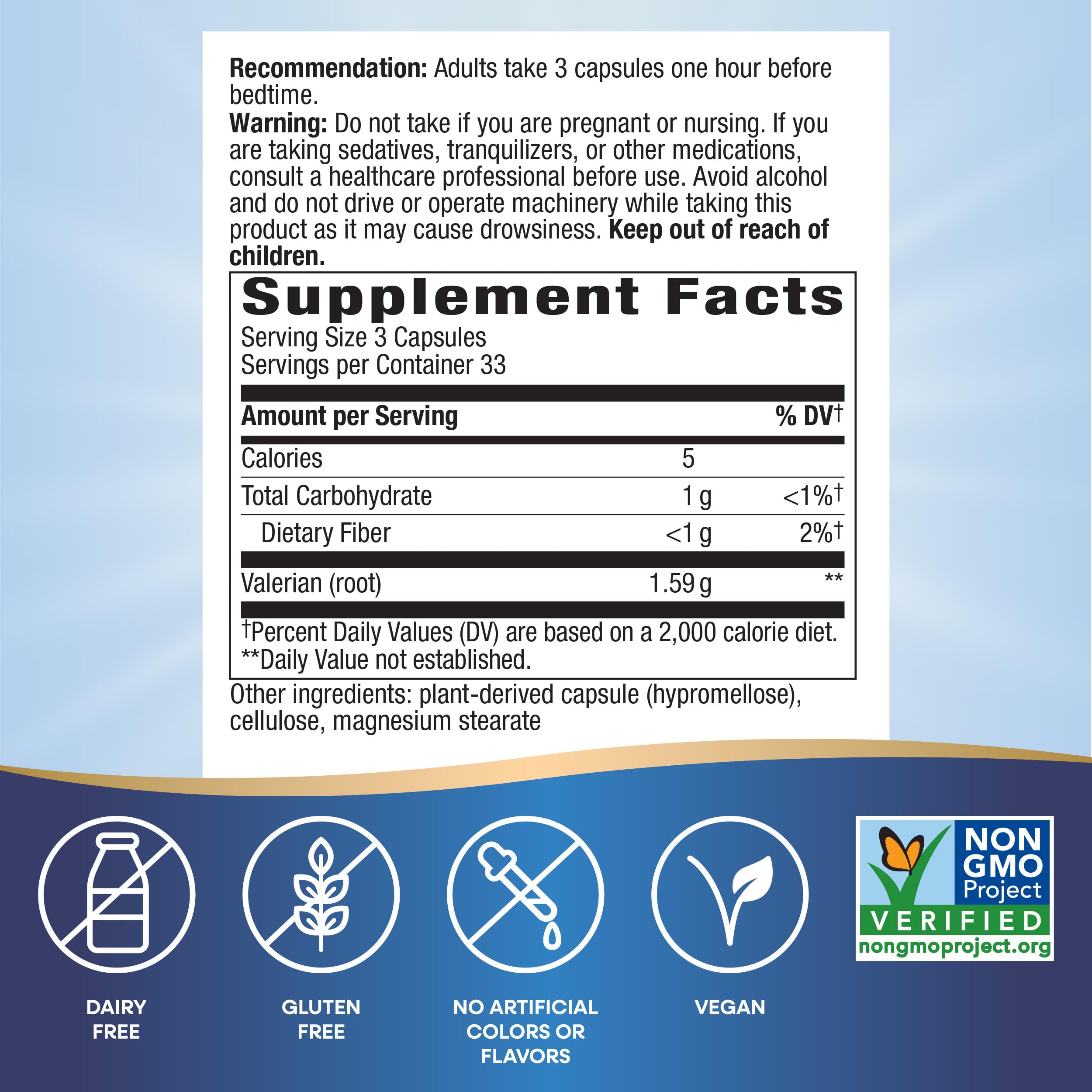 Valerian root capsules close-up highlighting convenient nightly use.