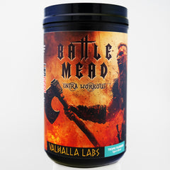 Valhalla Labs Battle Mead bottle label highlights intra-workout fueling and zero sugar.