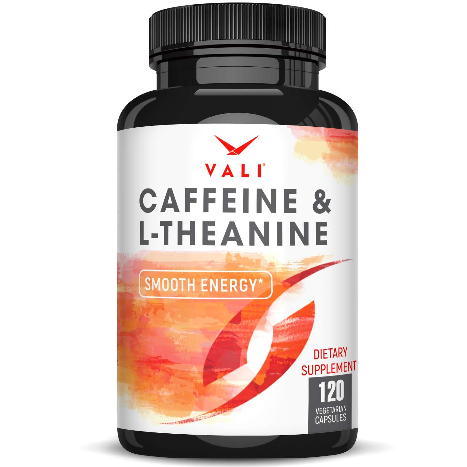 VALI caffeine-l-theanine capsule bottle for smooth focus and steady energy.