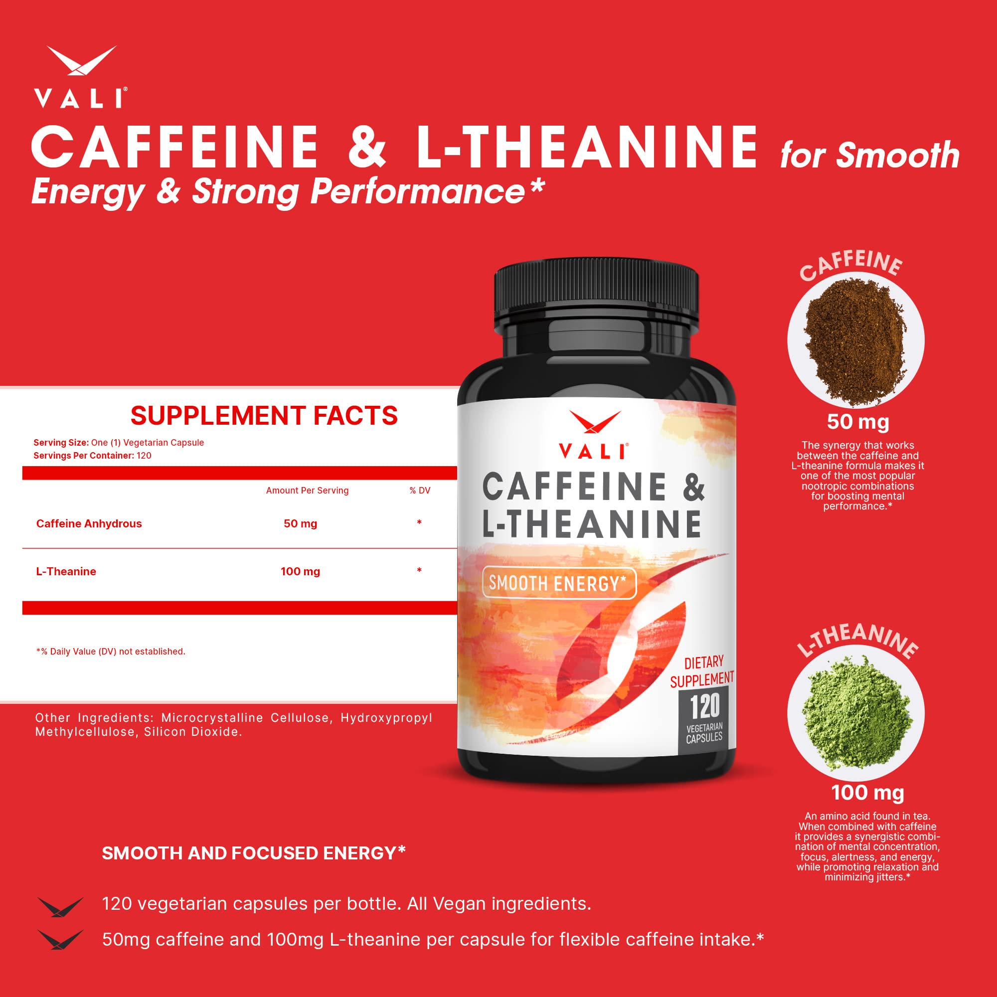 VALI capsule close-up showing 50mg caffeine and 100mg L-Theanine for calm focus.