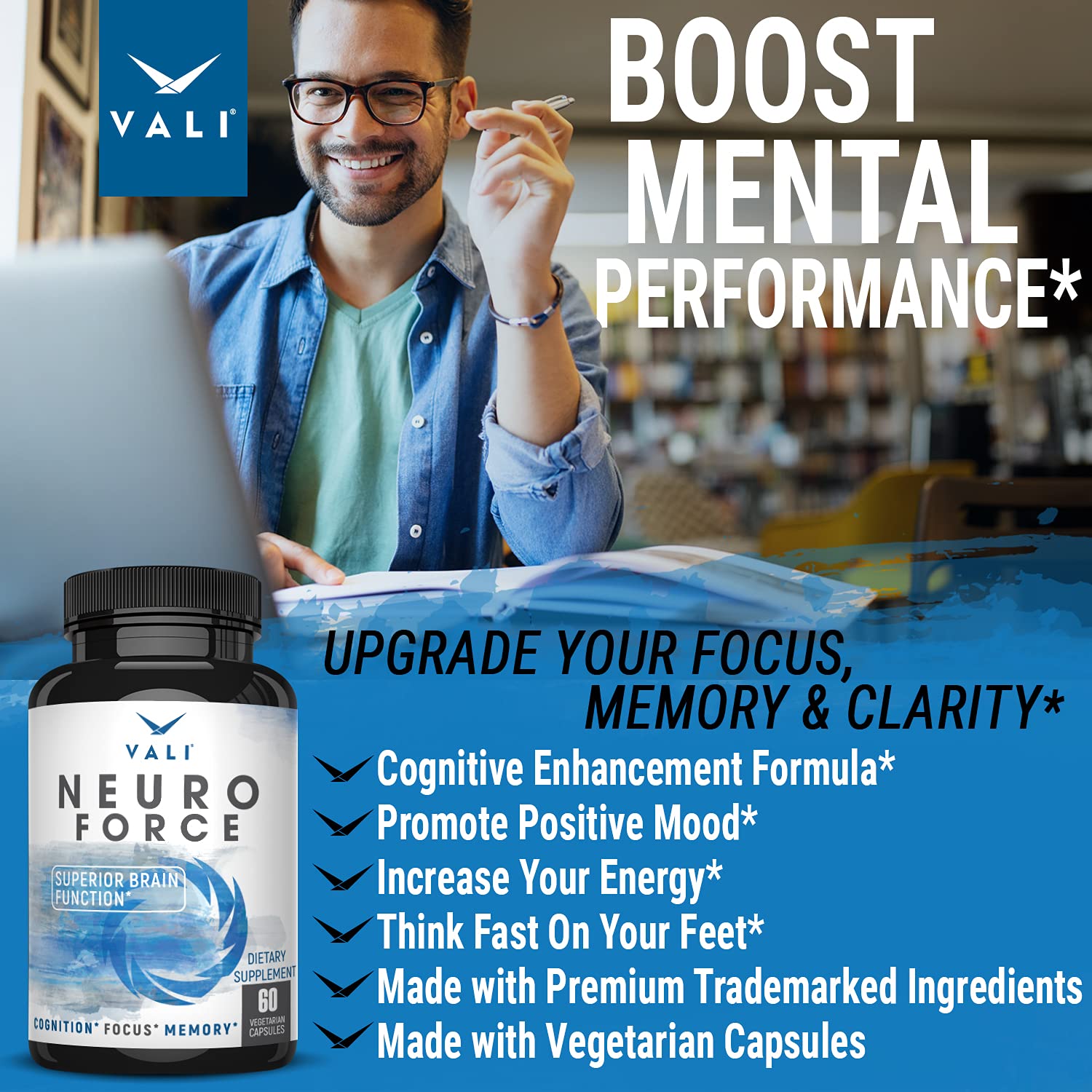 VALI Neuro Force capsules being poured, illustrating daily dosing.