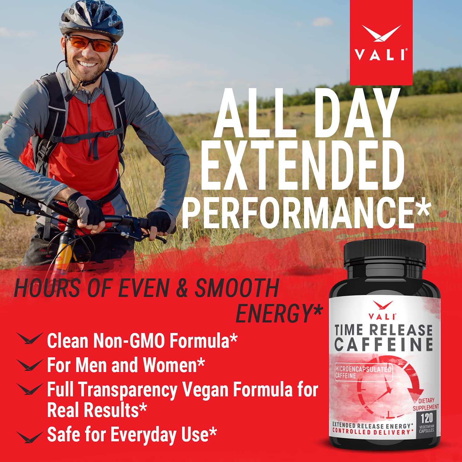 VALI Time Release Caffeine bottle opened revealing capsules inside.