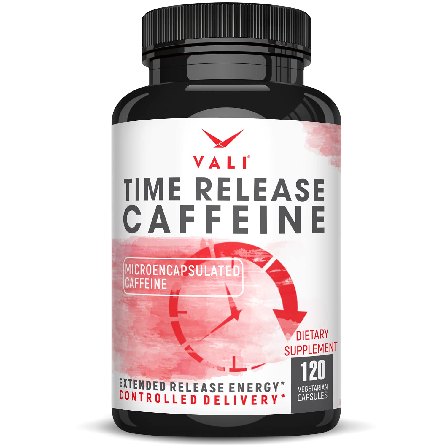 VALI Time Release Caffeine capsules close-up showing smooth texture for steady energy.