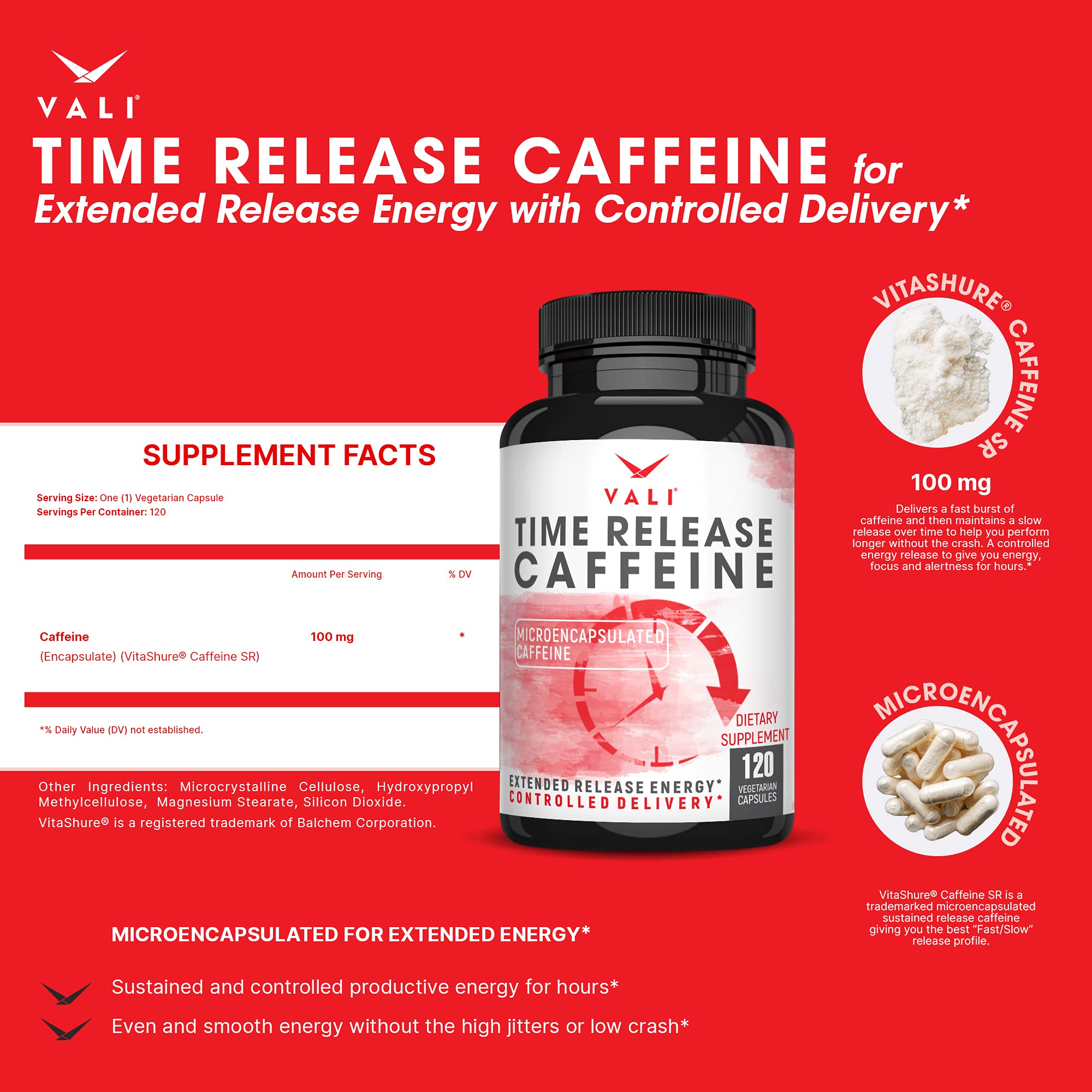 VALI Time Release Caffeine capsules in hand for convenient energy support.