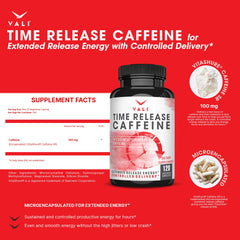 VALI Time Release Caffeine capsules in hand for convenient energy support.