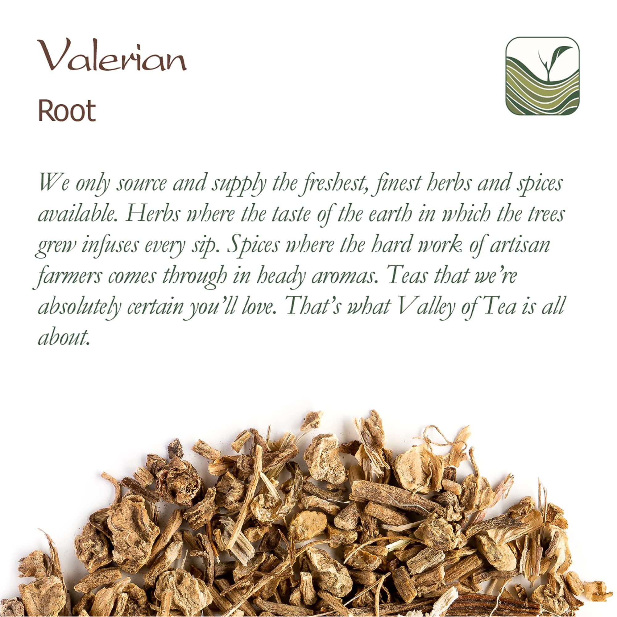 Artisan packaging of Valley of Tea valerian root tea.