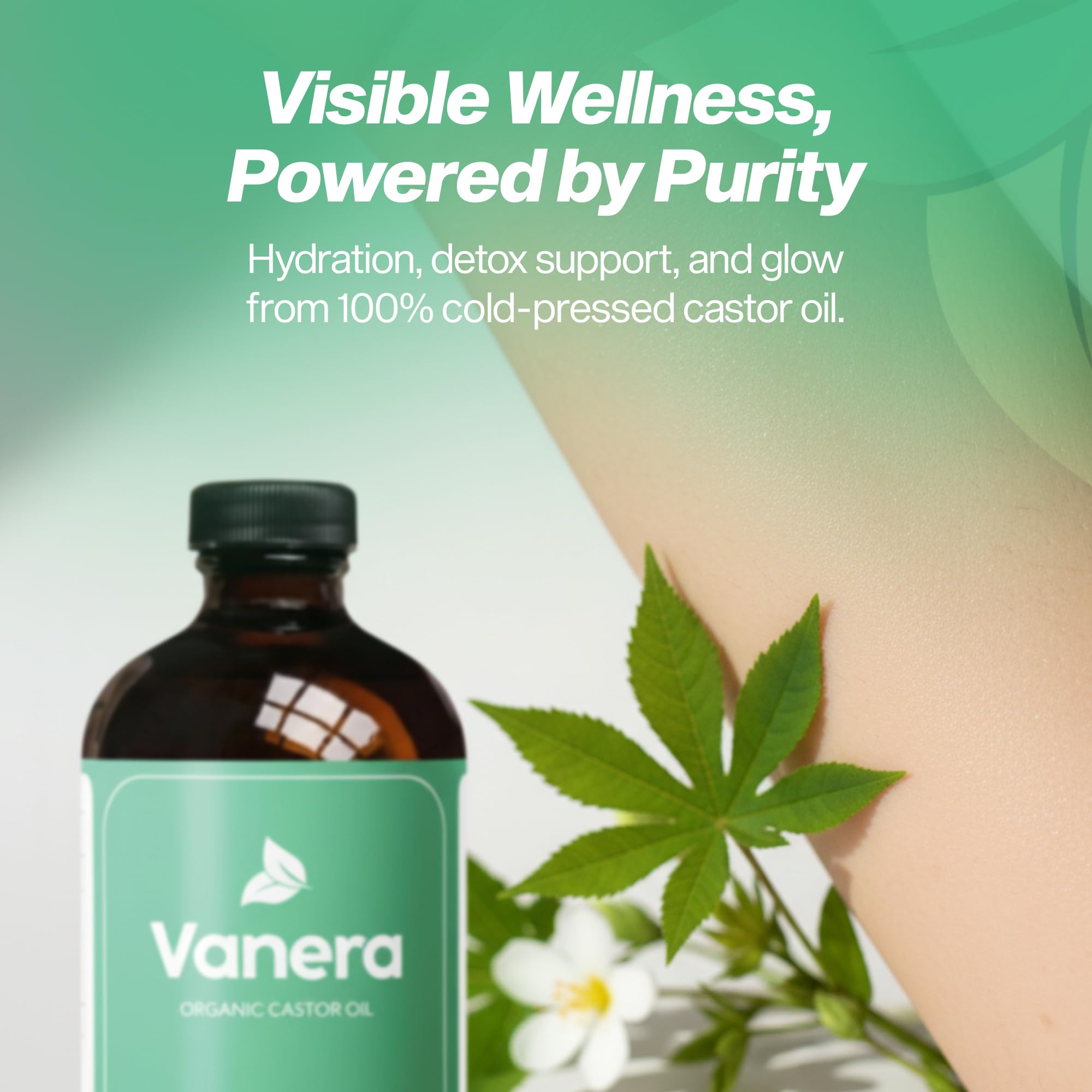 Vanera castor oil packaging detail featuring a 4 oz bottle
