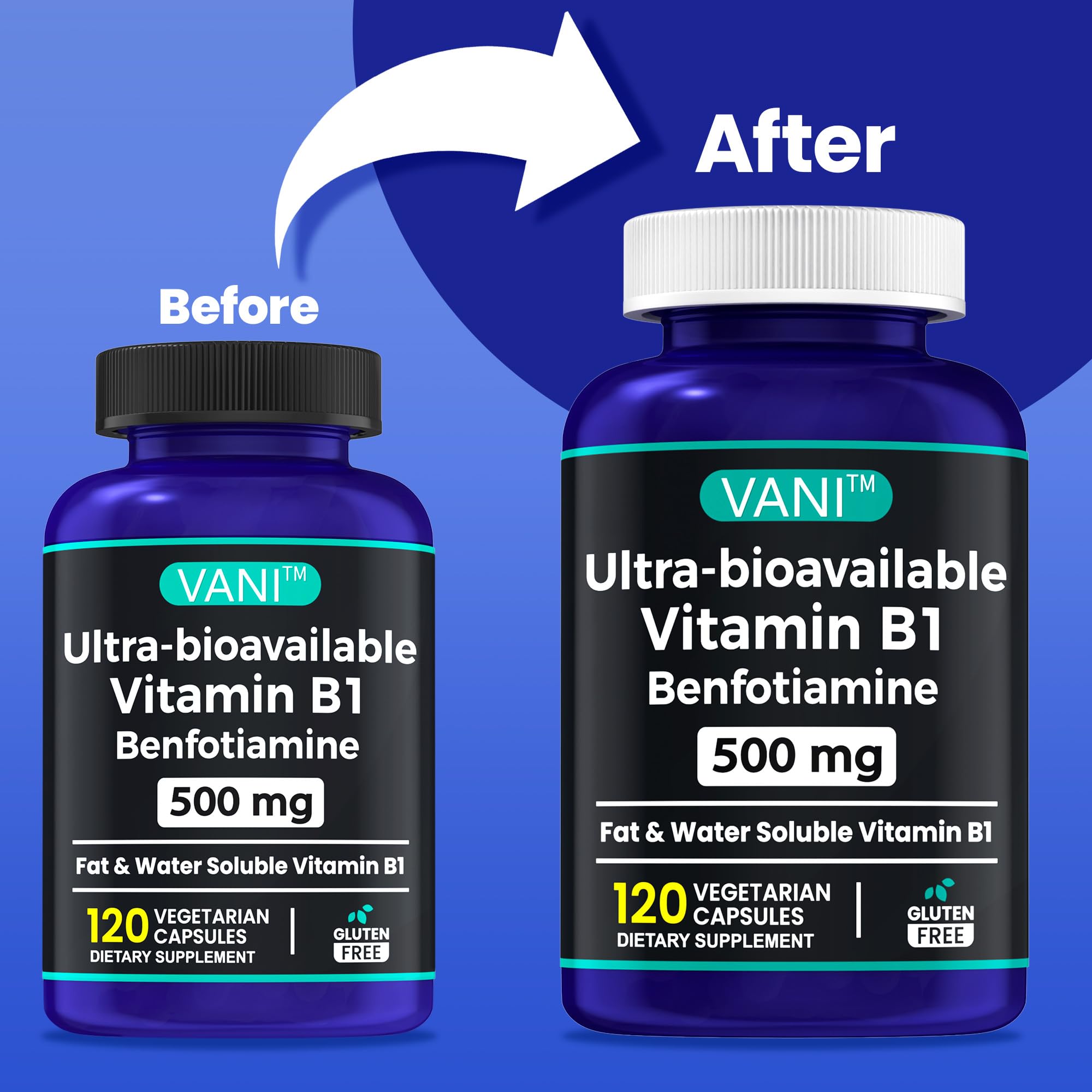 Close-up of VANI benfotiamine capsules highlighting quick-release design for easy swallowing