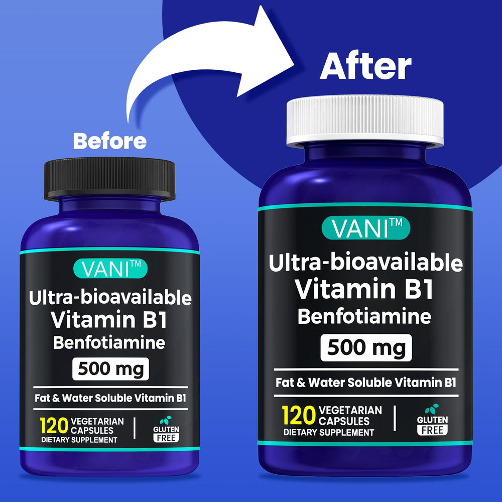 Close-up of VANI benfotiamine capsules highlighting quick-release design for easy swallowing