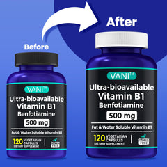 Close-up of VANI benfotiamine capsules highlighting quick-release design for easy swallowing