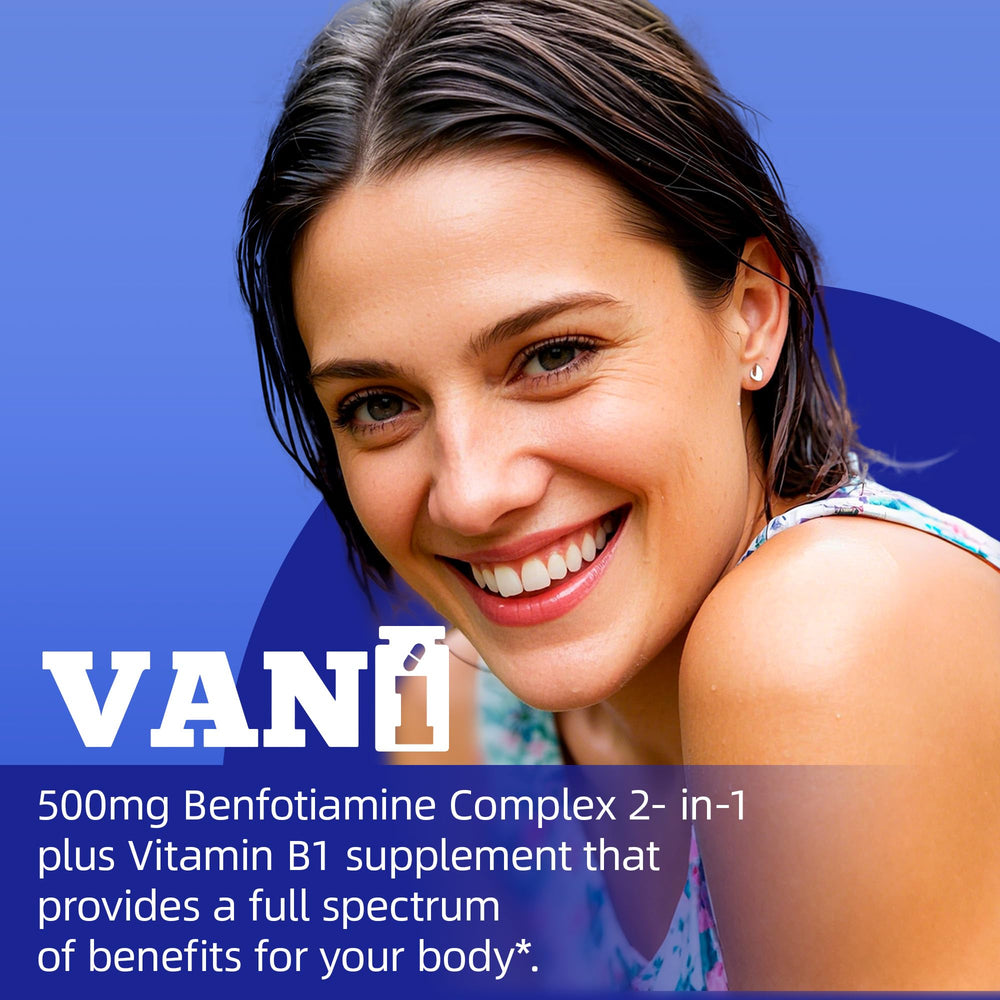 Side-view of the VANI benfotiamine bottle showing compact packaging