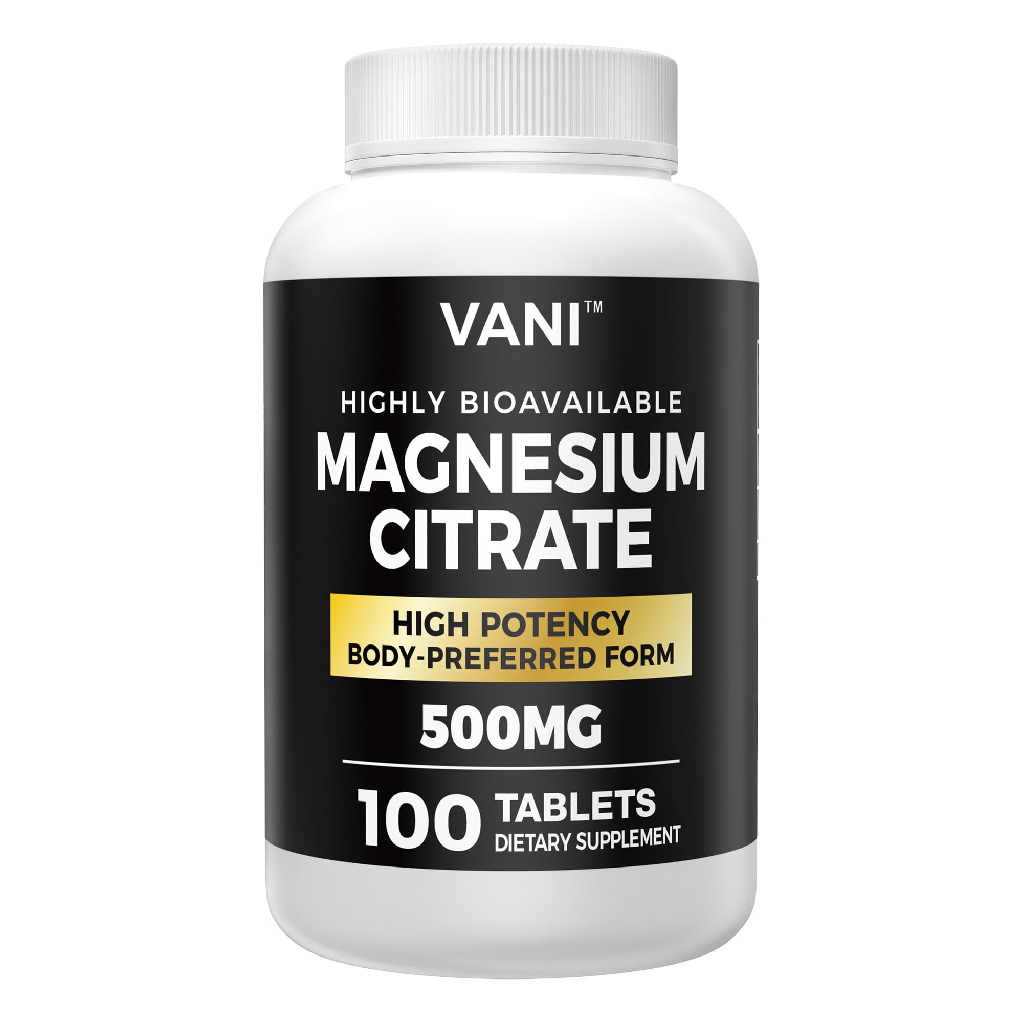 VANI Magnesium Citrate 500mg bottle with daily tablets.