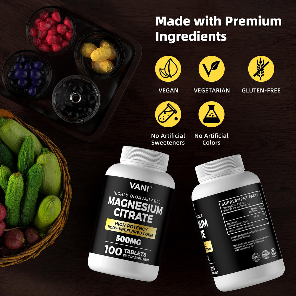 Capsules of VANI Magnesium Citrate 500mg, vegan and gluten-free.