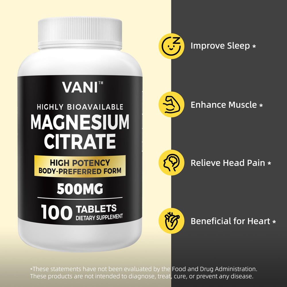 VANI Magnesium Citrate 500mg label close-up.