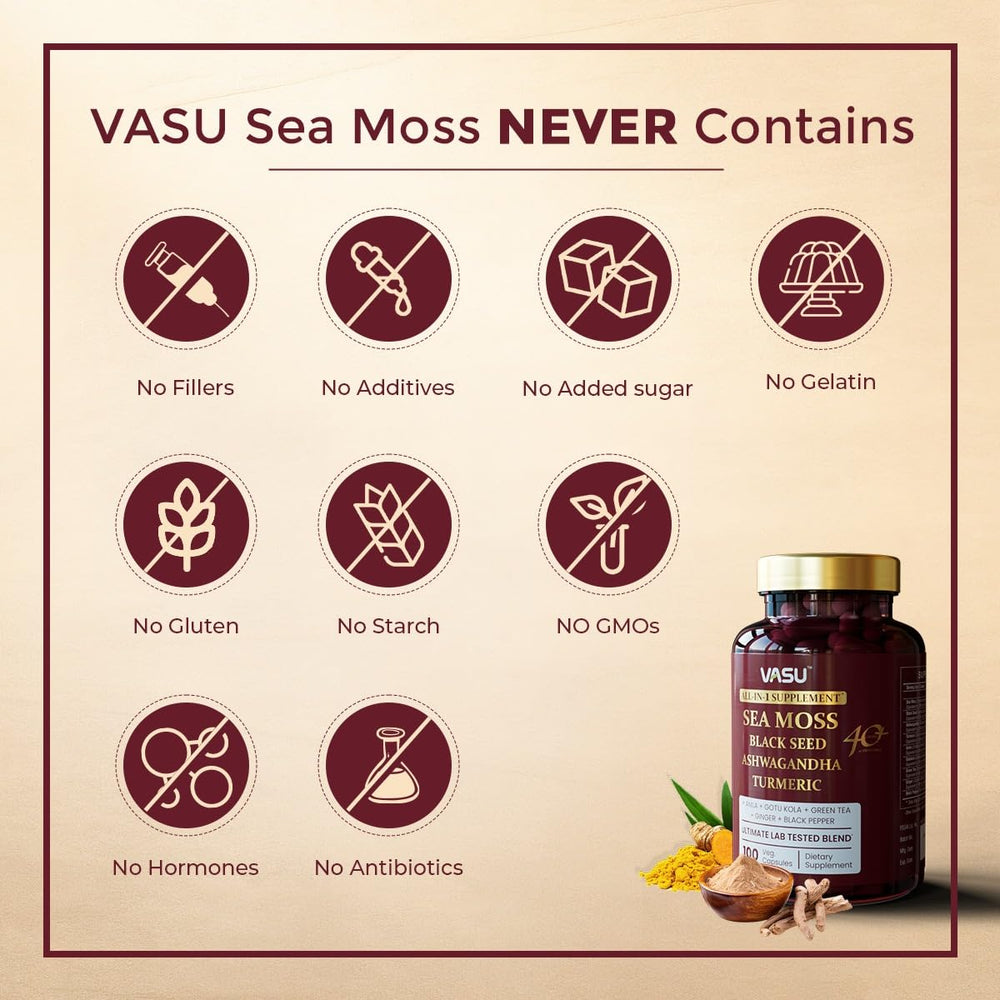 Vasu Sea Moss Capsules pour capture easy daily intake and convenience.