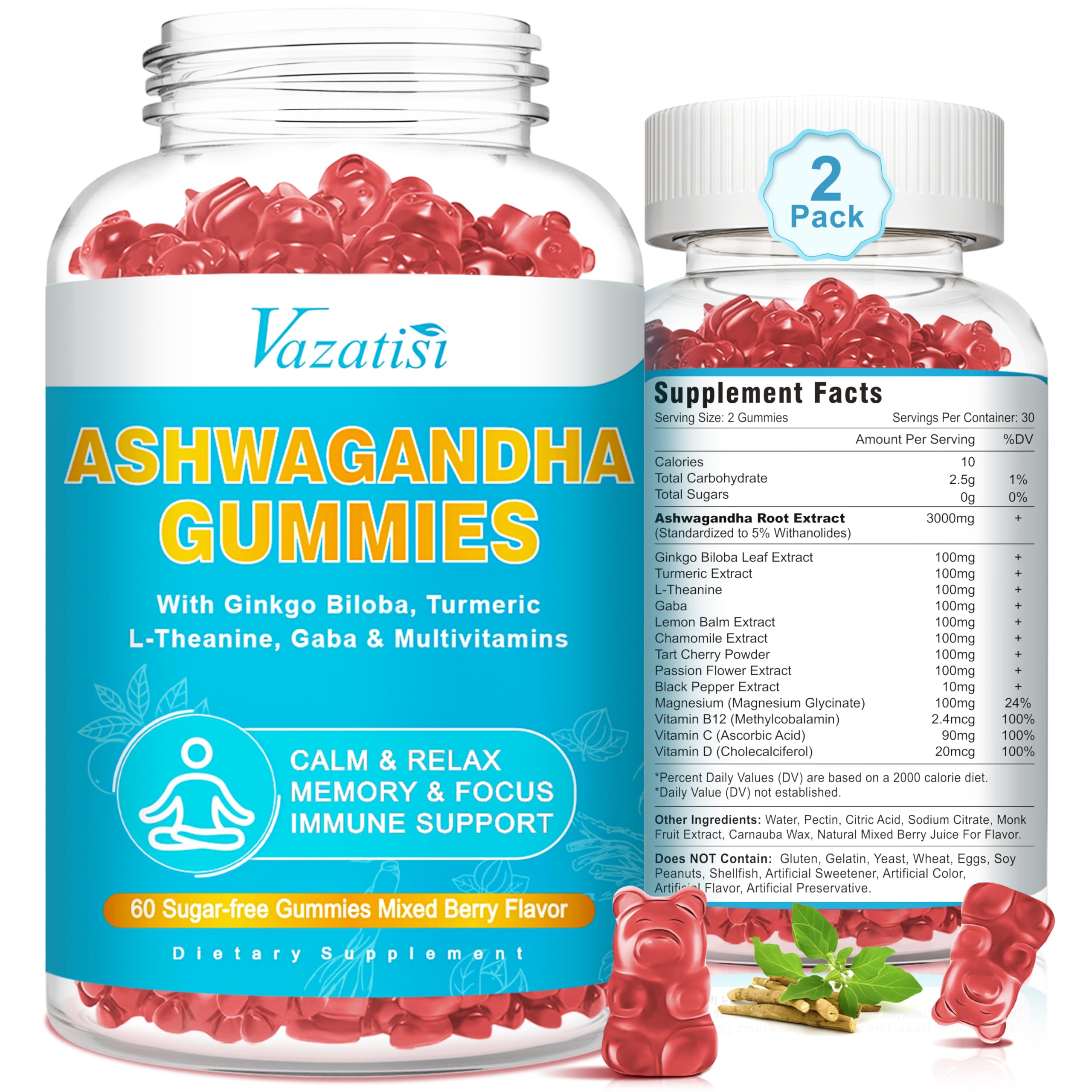 Vazatisi Ashwagandha gummies two-pack front view for daily wellness