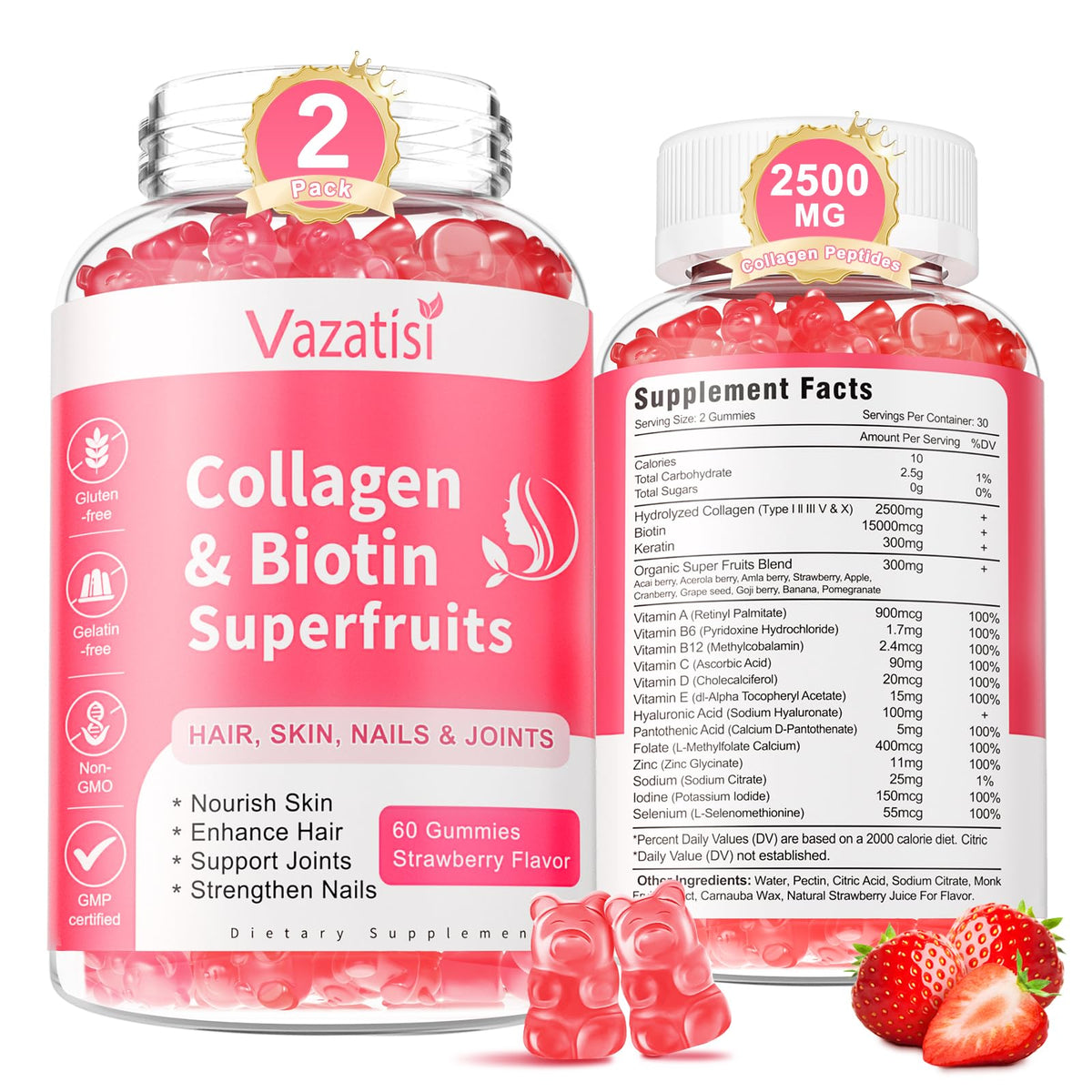 Vazatisi bottle front view with strawberry collagen gummies for daily wellness