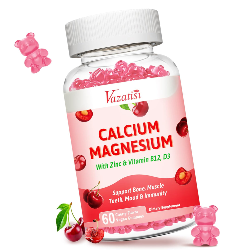 Vazatisi Calcium Magnesium Zinc Gummies bottle features a 2:1 ratio for daily wellness.