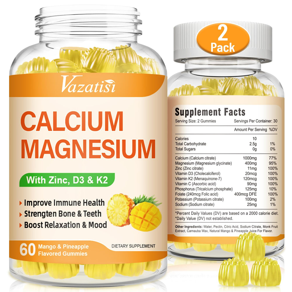 Vazatisi calcium magnesium zinc gummies bottle supports daily wellness routine.