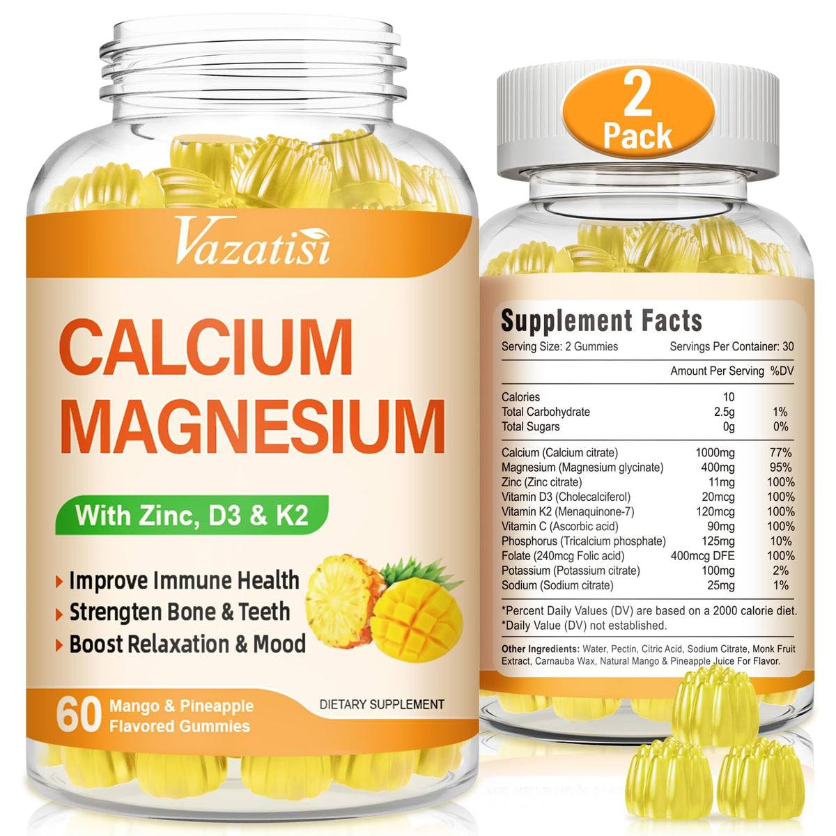 Vazatisi calcium magnesium zinc gummies bottle supports daily wellness routine.