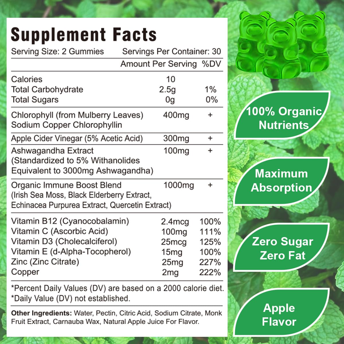 Vazatisi Chlorophyll Gummies bottle back with ingredients and 13-in-1 blend