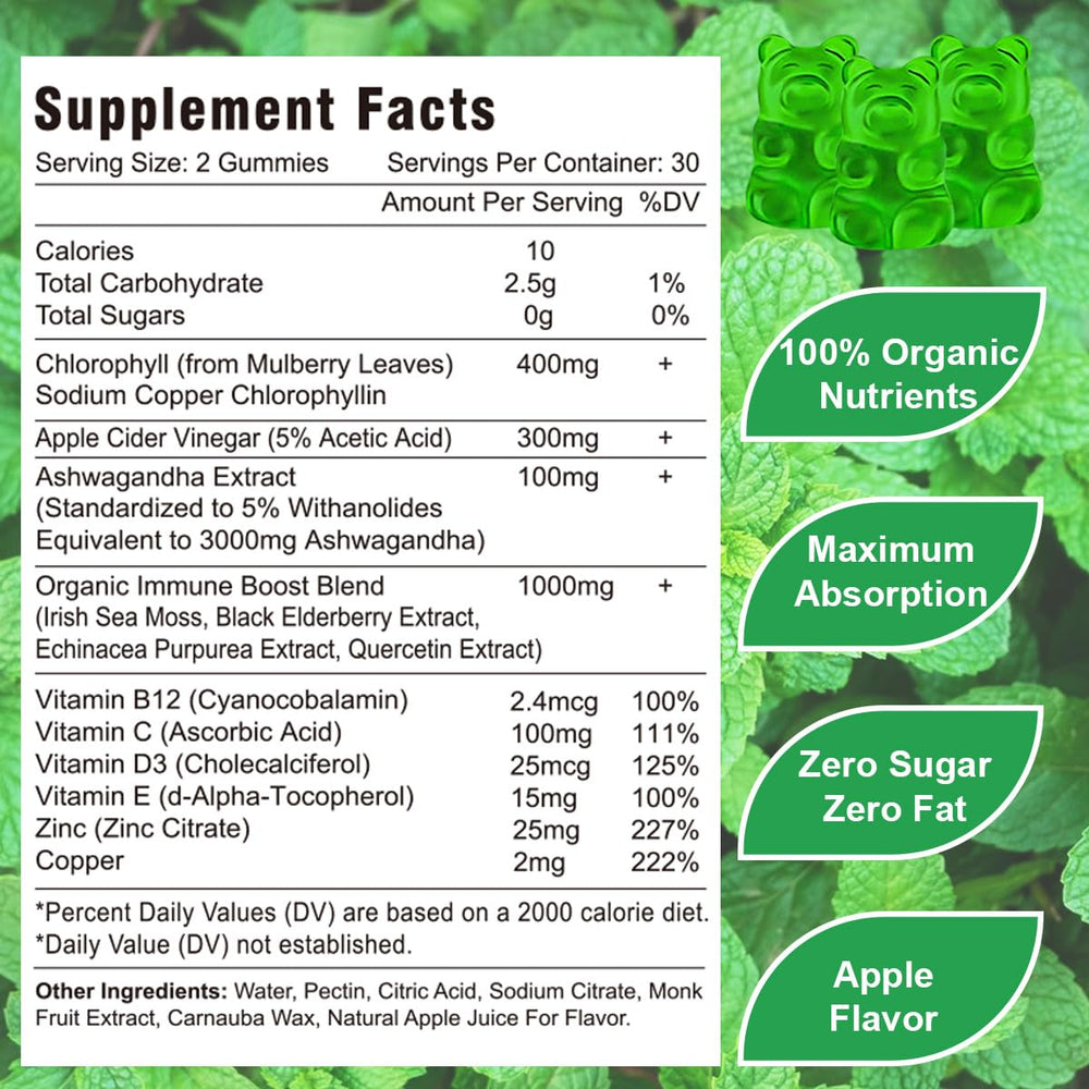 Vazatisi Chlorophyll Gummies bottle back with ingredients and 13-in-1 blend