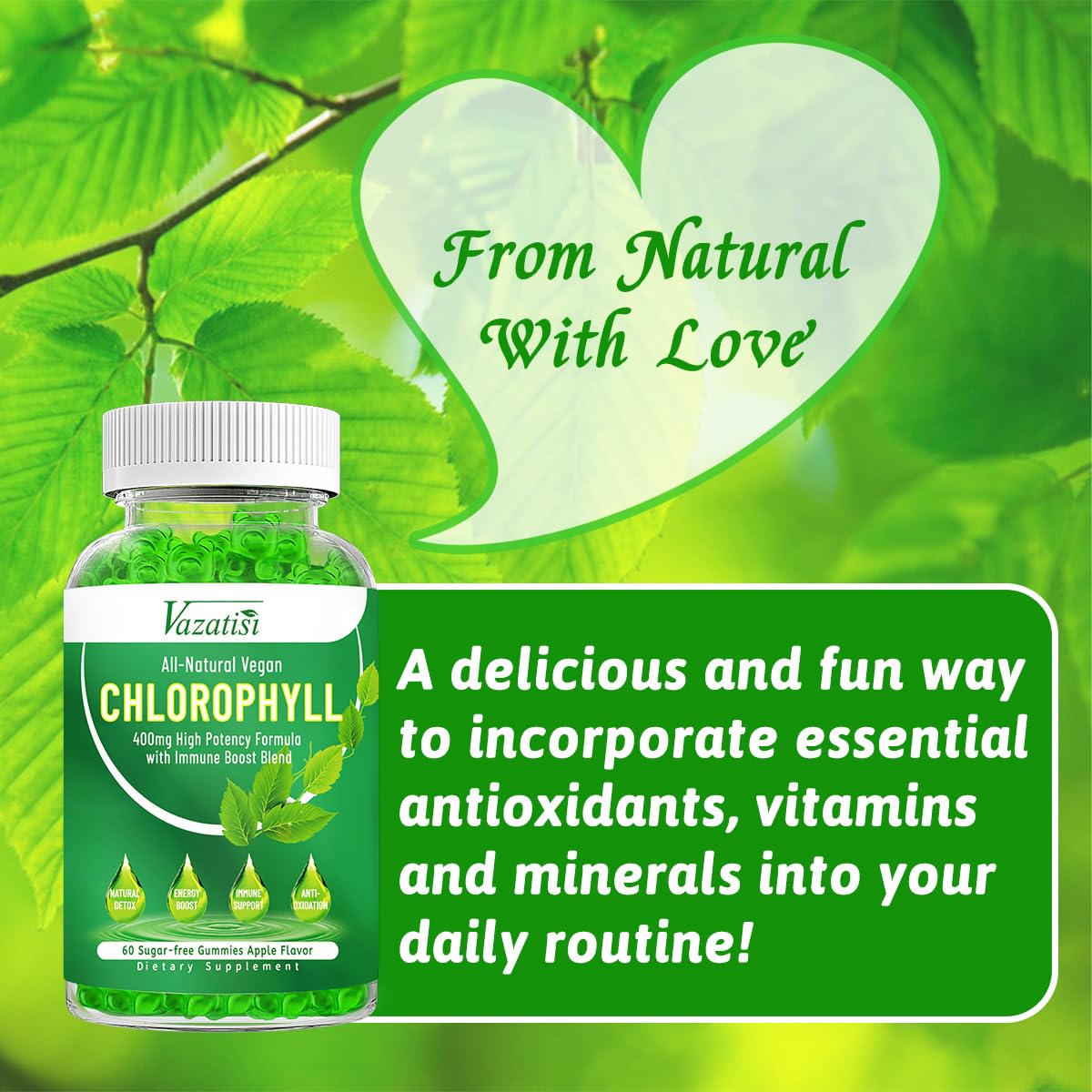 Vazatisi Chlorophyll Gummies on-the-go packaging for travel and busy days