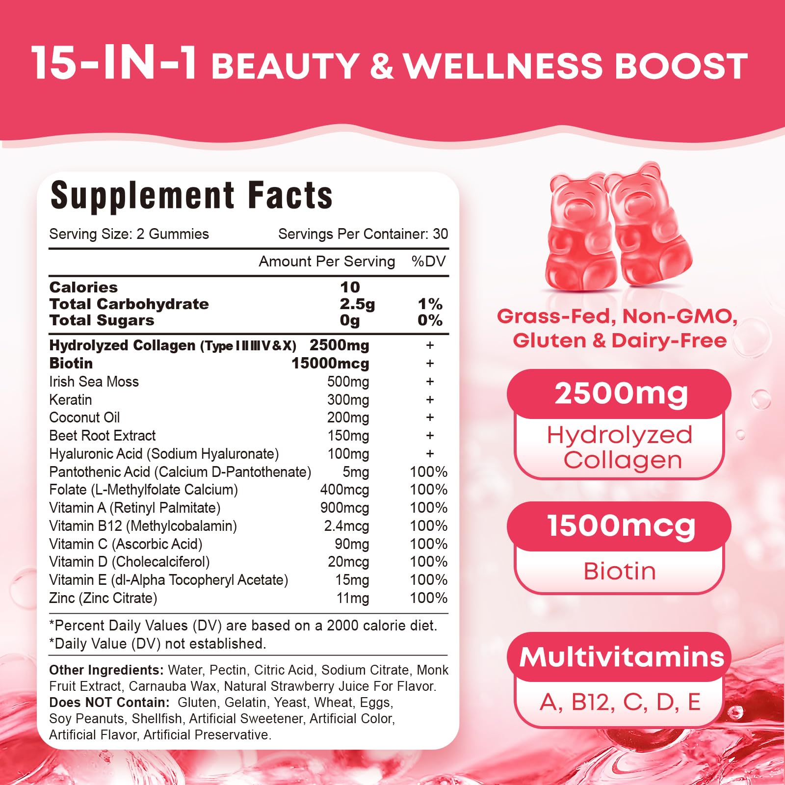 Ingredient card highlighting hyaluronic acid and keratin for skin and nails.