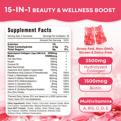 Ingredient card highlighting hyaluronic acid and keratin for skin and nails.
