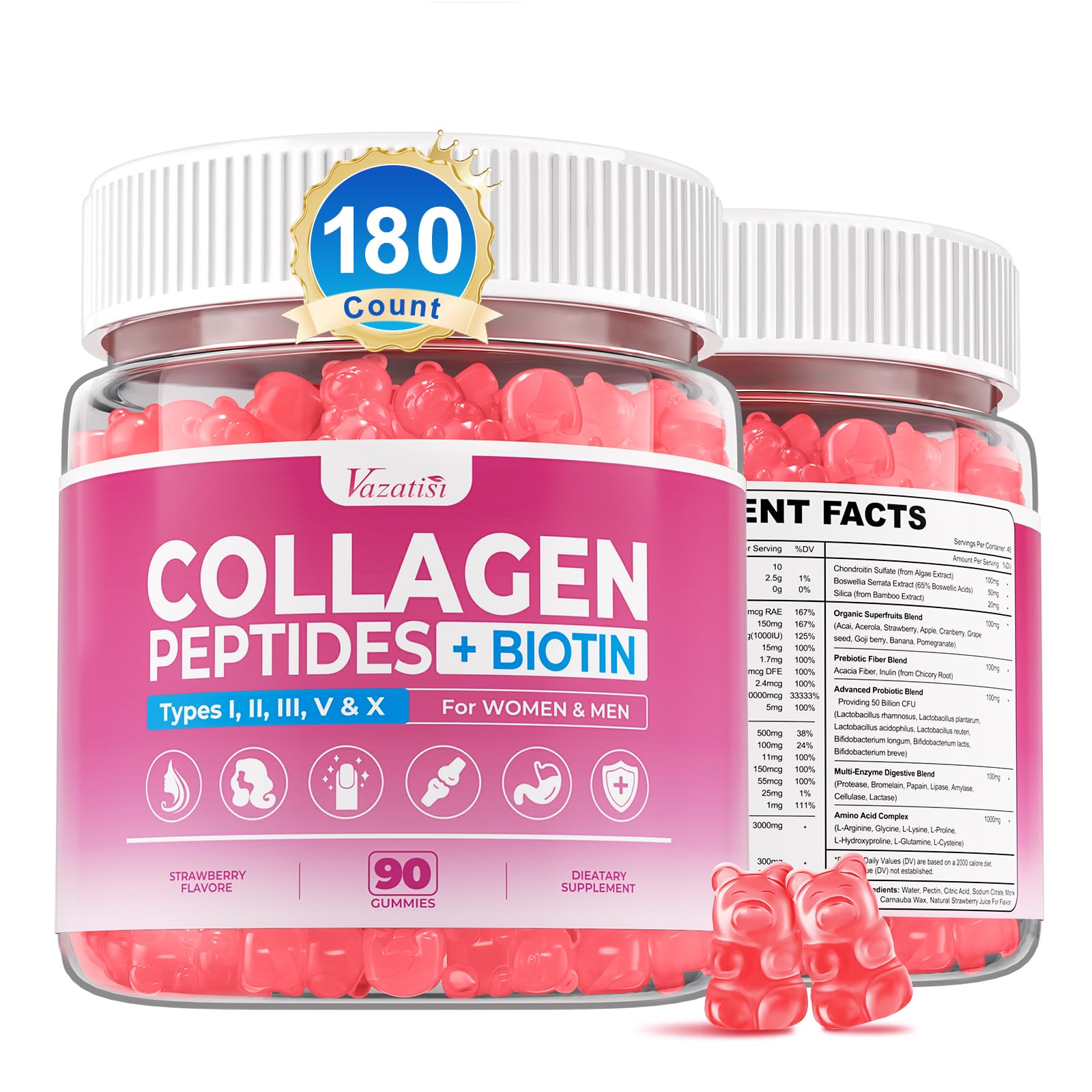 Vazatisi collagen peptides gummies jar showcasing skin and joint support.