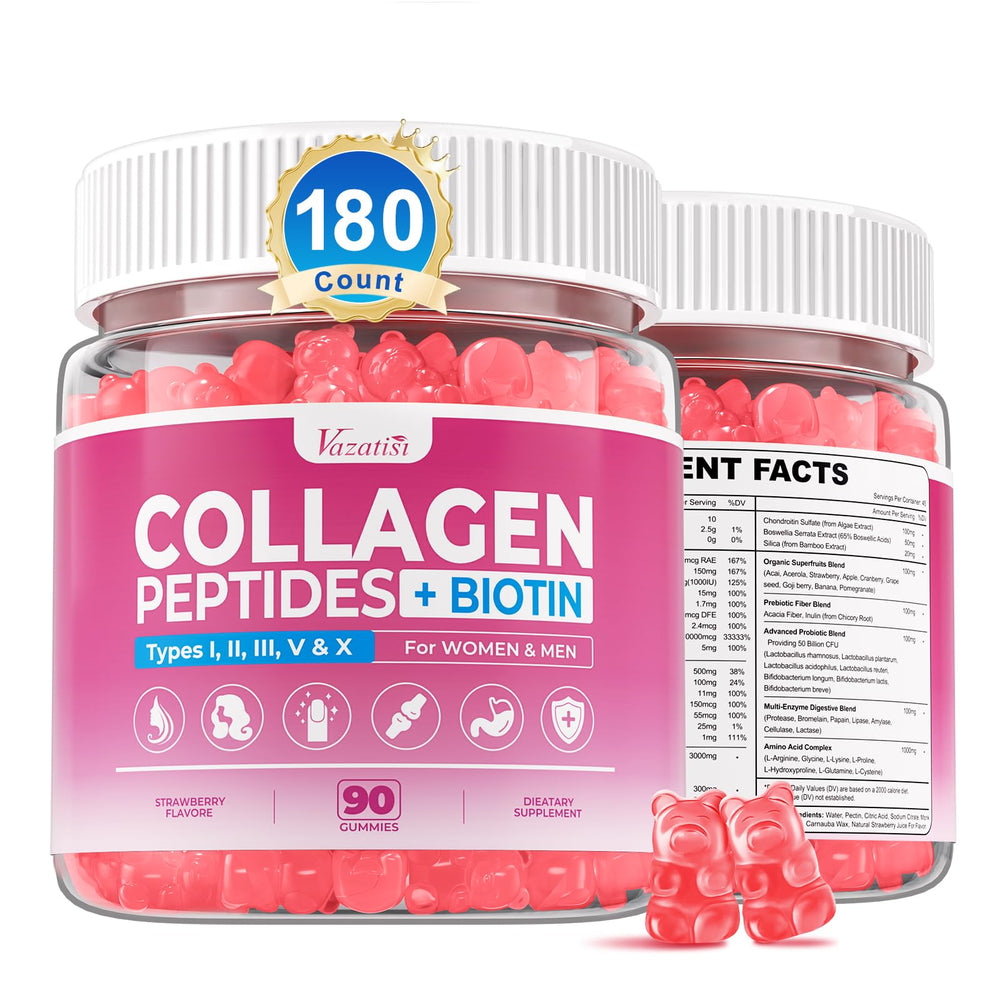 Vazatisi collagen peptides gummies jar showcasing skin and joint support.