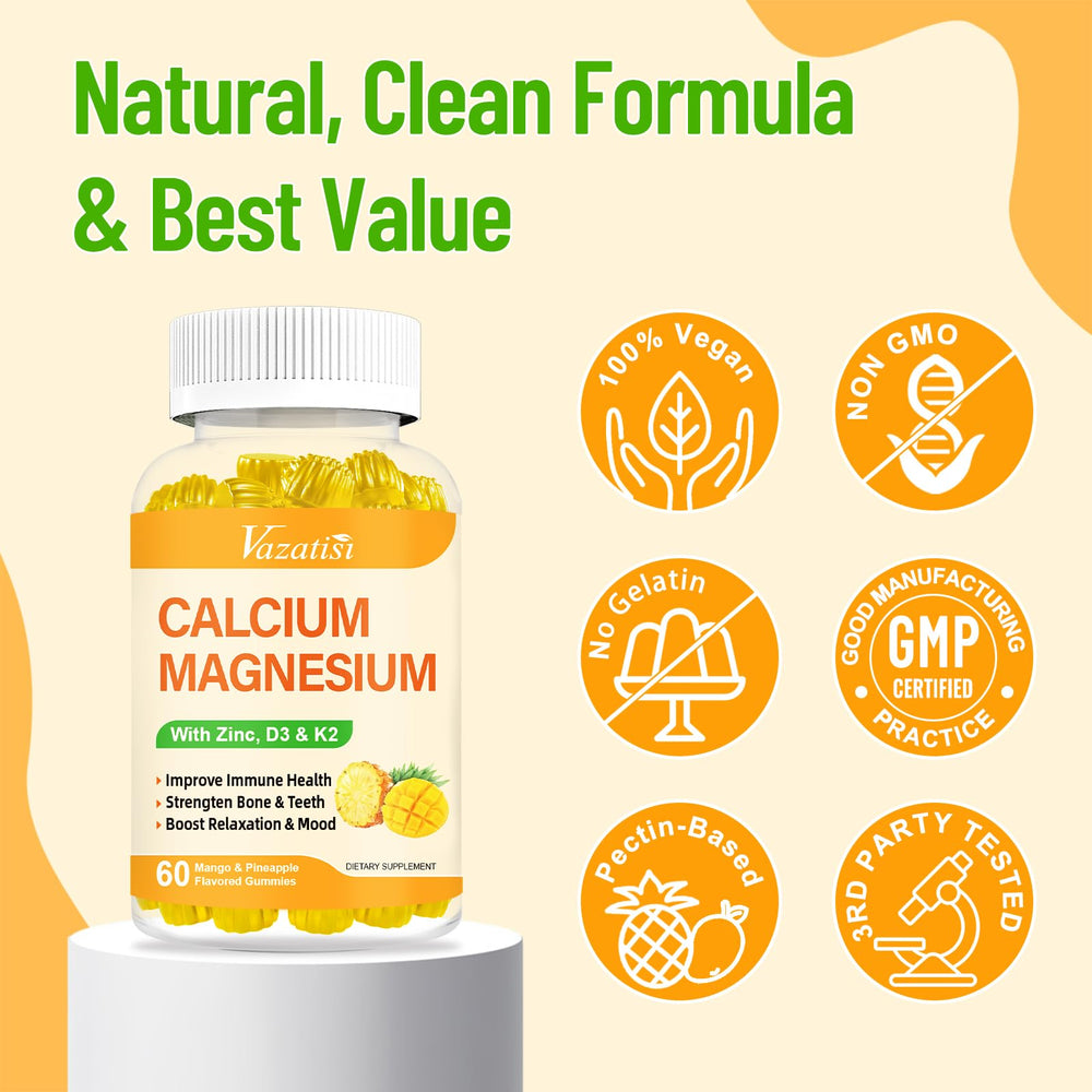 Gummies on a countertop beside fresh fruit suggest flavor-friendly daily nutrition.