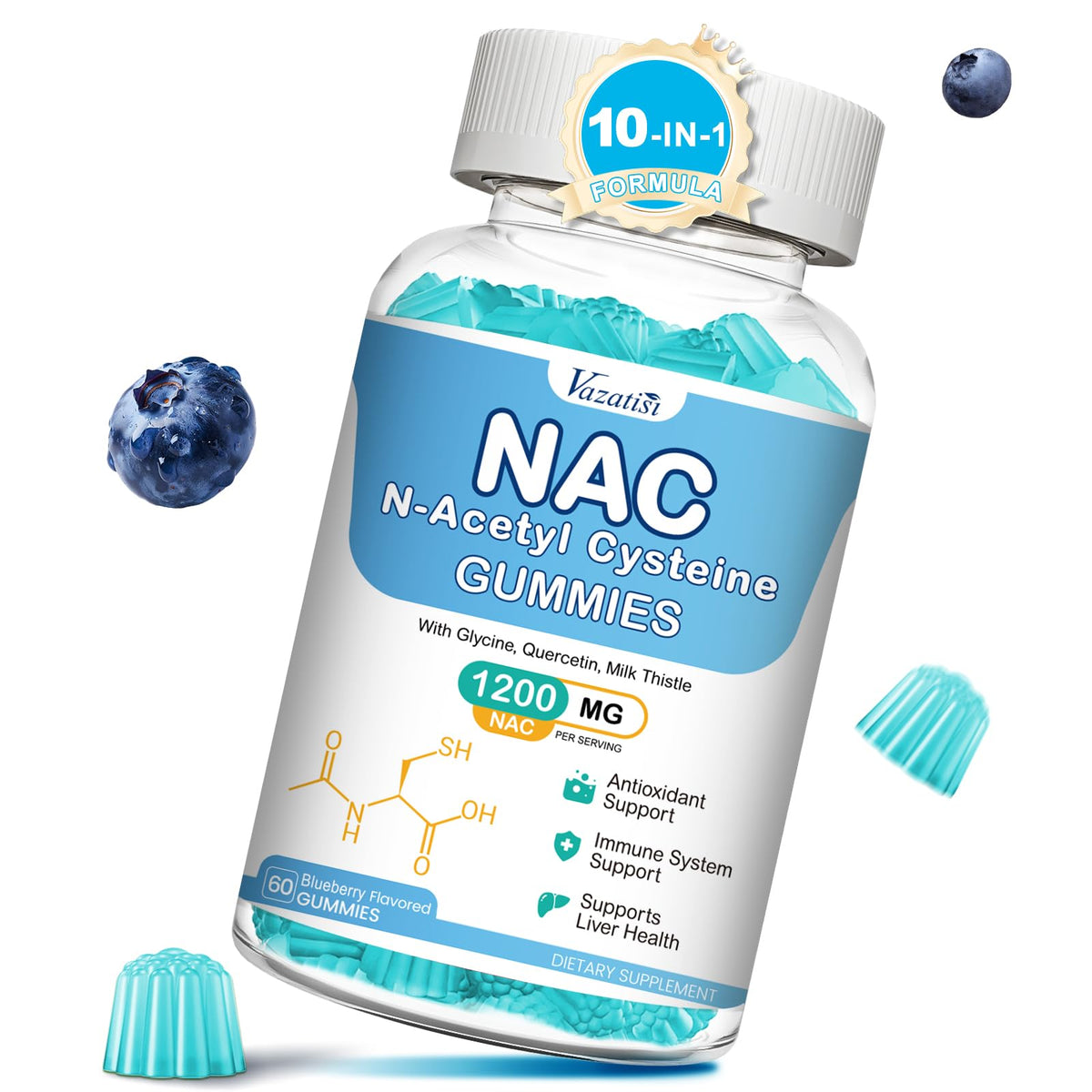 Vazatisi NAC Gummies bottle featuring blueberry flavor for daily antioxidant support.