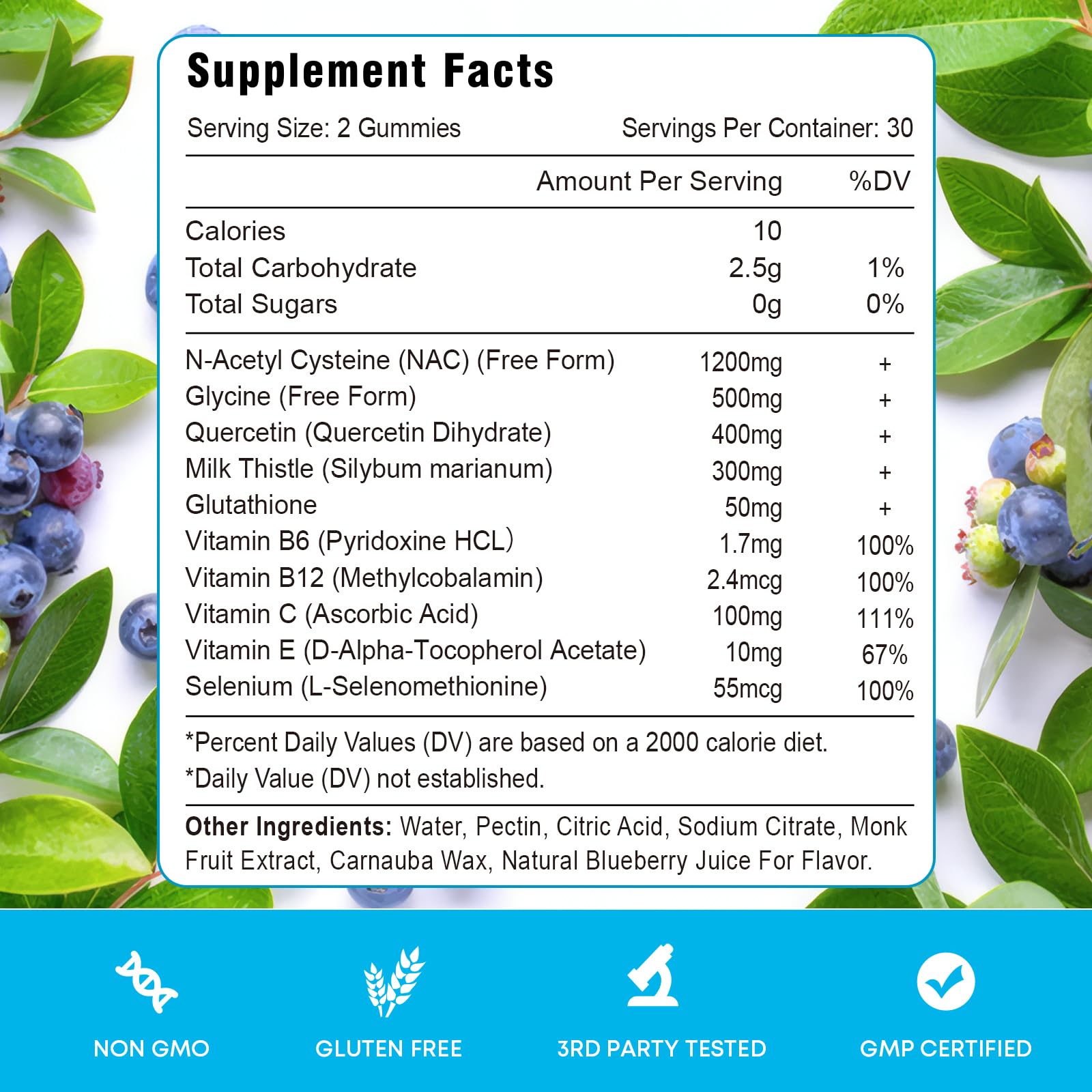 Vazatisi NAC Gummies ingredients panel showcasing milk thistle and vitamins.