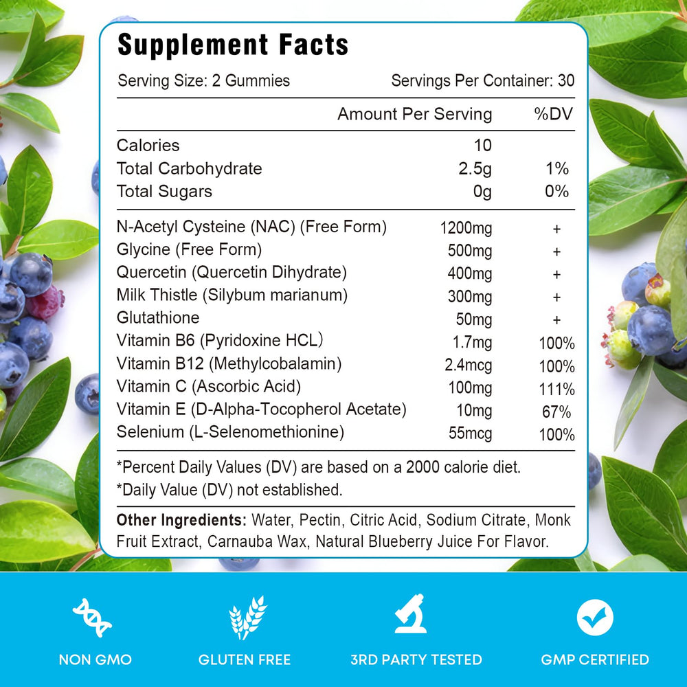 Vazatisi NAC Gummies ingredients panel showcasing milk thistle and vitamins.