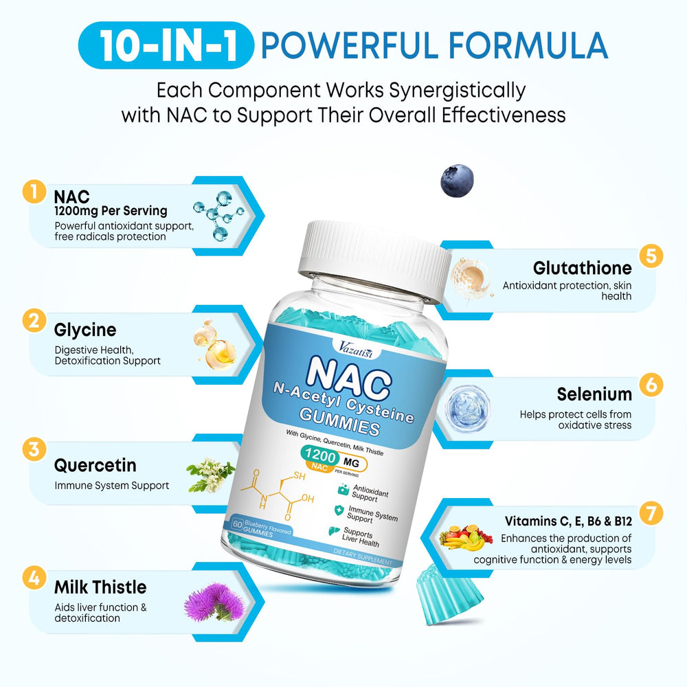 Vazatisi NAC Gummies label close-up showing 600 mg per gummy and ingredients.